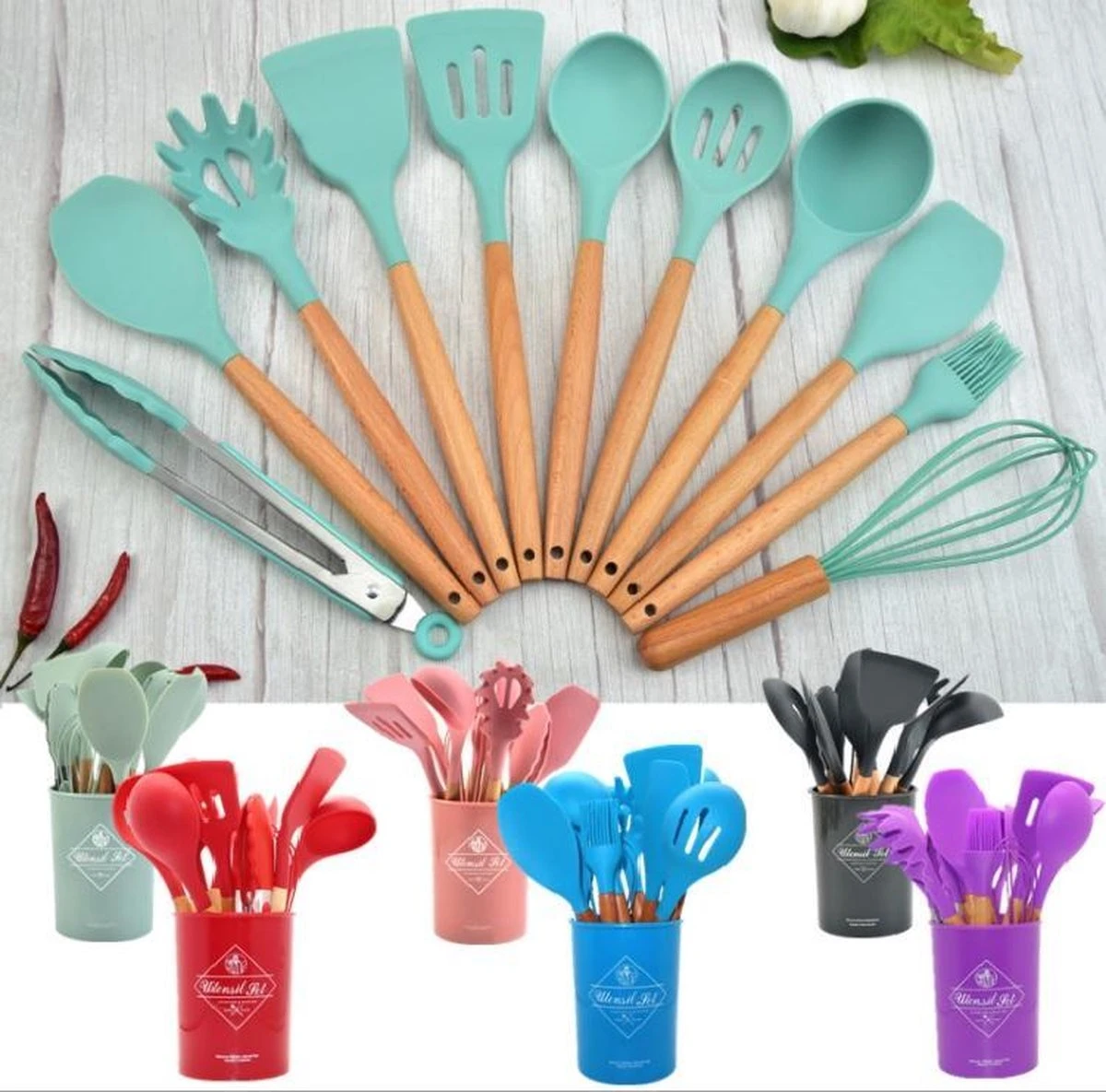 12-delige Itagala Siliconen Keukengerei Set Met Koker |Anti Aanbak | Hoge Kwaliteit Kookgerei Met Houten Handvatten | Pink | BPA En Kras Vrij - Afbeelding 4