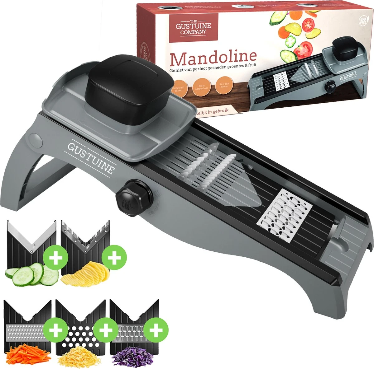 Gustuine Mandoline Keukensnijder - Multifunctionele Groentesnijder & Frietsnijder - Rasp & Kaasrasp - Incl. E-Book