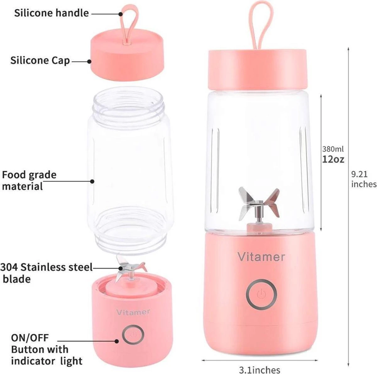 Merkloos Mini Blender - Smoothie Maker - Compact Blender - Draagbare Blender - Oplaadbare Mini Blender - Portable Blender - Draagbare Mini Blender - Lichtgewicht - Vitamer 4 Bladen - Fruit Juicer - Fruit Blender - Blender - Blender - Blenders - Keukenmachines - Afbeelding 9