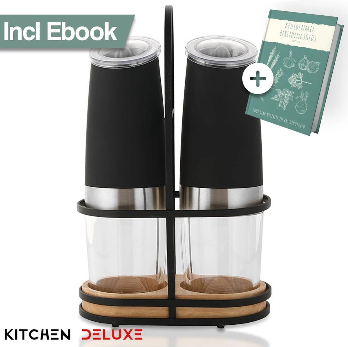 Kitchen Deluxe® Peper En Zoutmolen Set Elektrisch - Kruidenmolen Incl. Standaard En Kookboek - Gravitatie - RVS