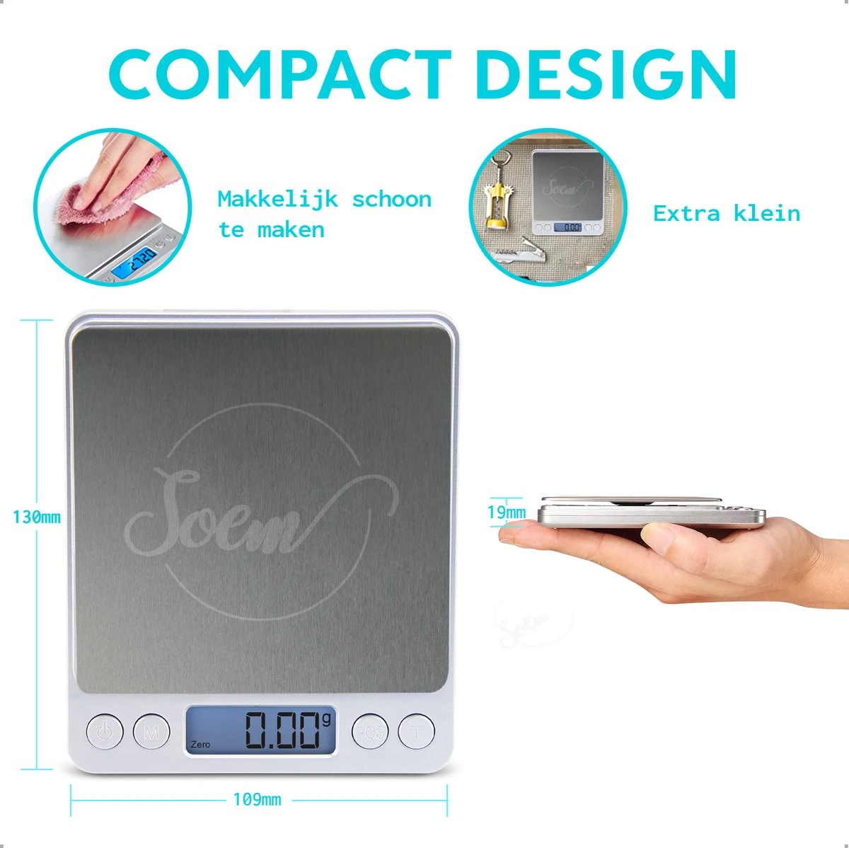 SOEM® Keukenweegschaal Digitaal Met Weegbakjes – Compacte Precisie Weegschaal 0.1 Gram – Koffie Weegschaal – RVS Weegschaal – Tarra Functie - Afbeelding 8