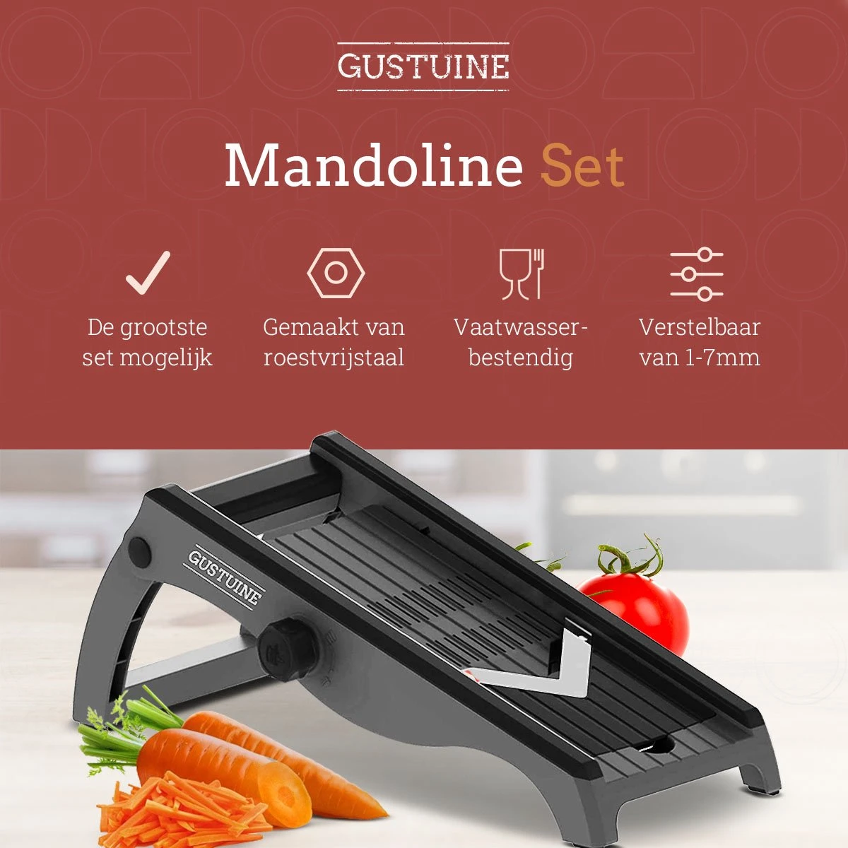 Gustuine Mandoline Keukensnijder - Multifunctionele Groentesnijder & Frietsnijder - Rasp & Kaasrasp - Incl. E-Book - Afbeelding 3