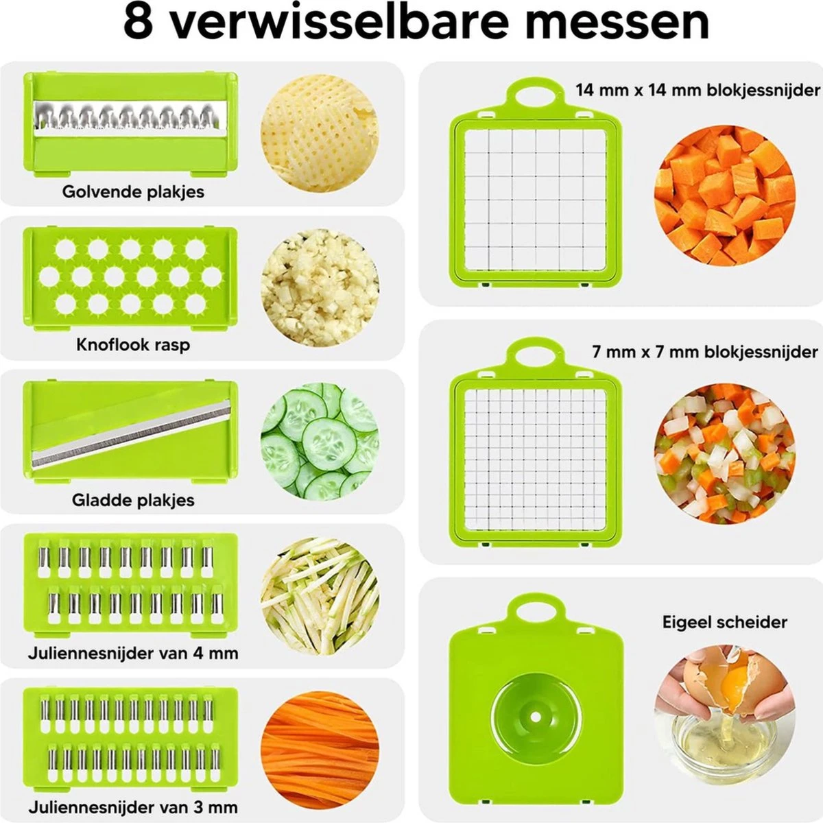 Mandoline + Messenslijper T.w.v. €17,95 - Multifunctionele Groentesnijder – (Zelfreinigende) Mandoline Nicer Dicer – Uiensnijder – Groentensnijder – Frietsnijder – Keukensnijder – Groentehakker – Snijmachine – Multifunctioneel 15-delig – RVS - Afbeelding 3