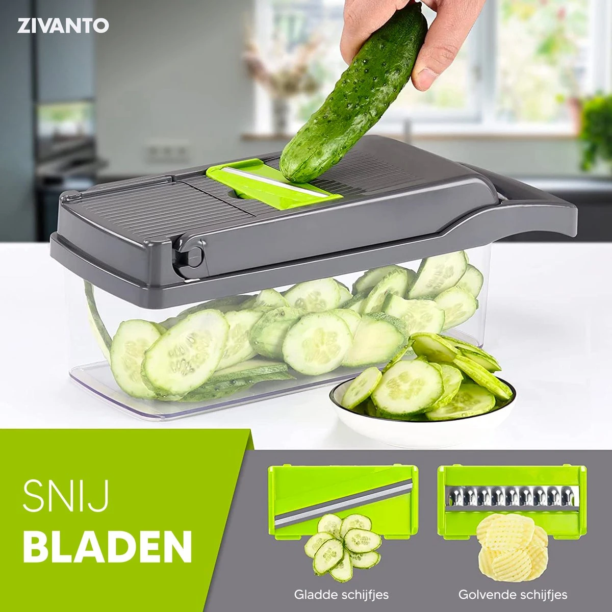 Groentesnijder - Mandoline, Keukensnijder & Uiensnijder - Multifunctioneel Groente Snijder - Spiraalsnijder - Frietsnijder - Rasp - BPA Vrij & Anti-slip - Inclusief Handleiding - 15 Delig Van Zivanto - Afbeelding 5