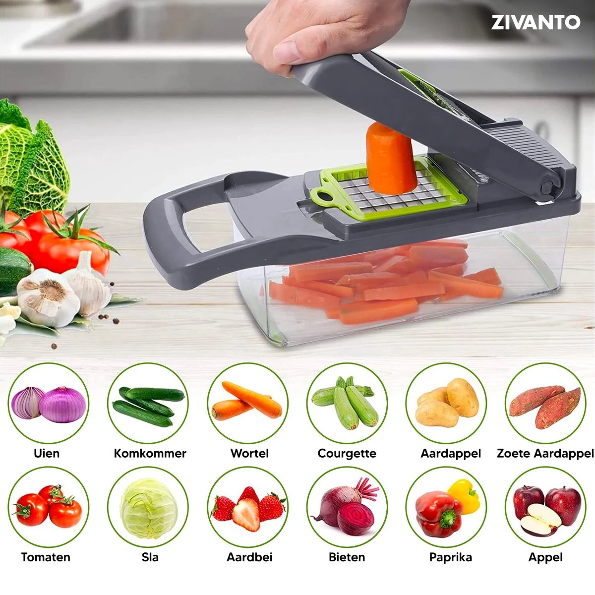 Groentesnijder - Mandoline, Keukensnijder & Uiensnijder - Multifunctioneel Groente Snijder - Spiraalsnijder - Frietsnijder - Rasp - BPA Vrij & Anti-slip - Inclusief Handleiding - 15 Delig Van Zivanto - Afbeelding 8