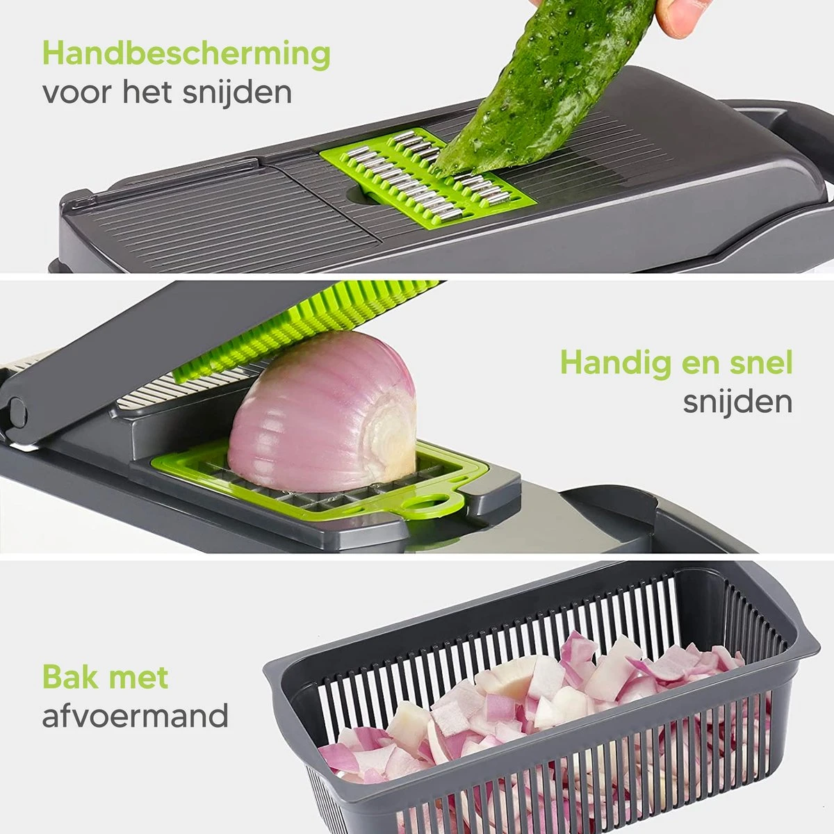 Groentesnijder - Mandoline, Keukensnijder & Uiensnijder - Multifunctioneel Groente Snijder - Spiraalsnijder - Frietsnijder - Rasp - BPA Vrij & Anti-slip - Inclusief Handleiding - 15 Delig Van Zivanto - Afbeelding 9