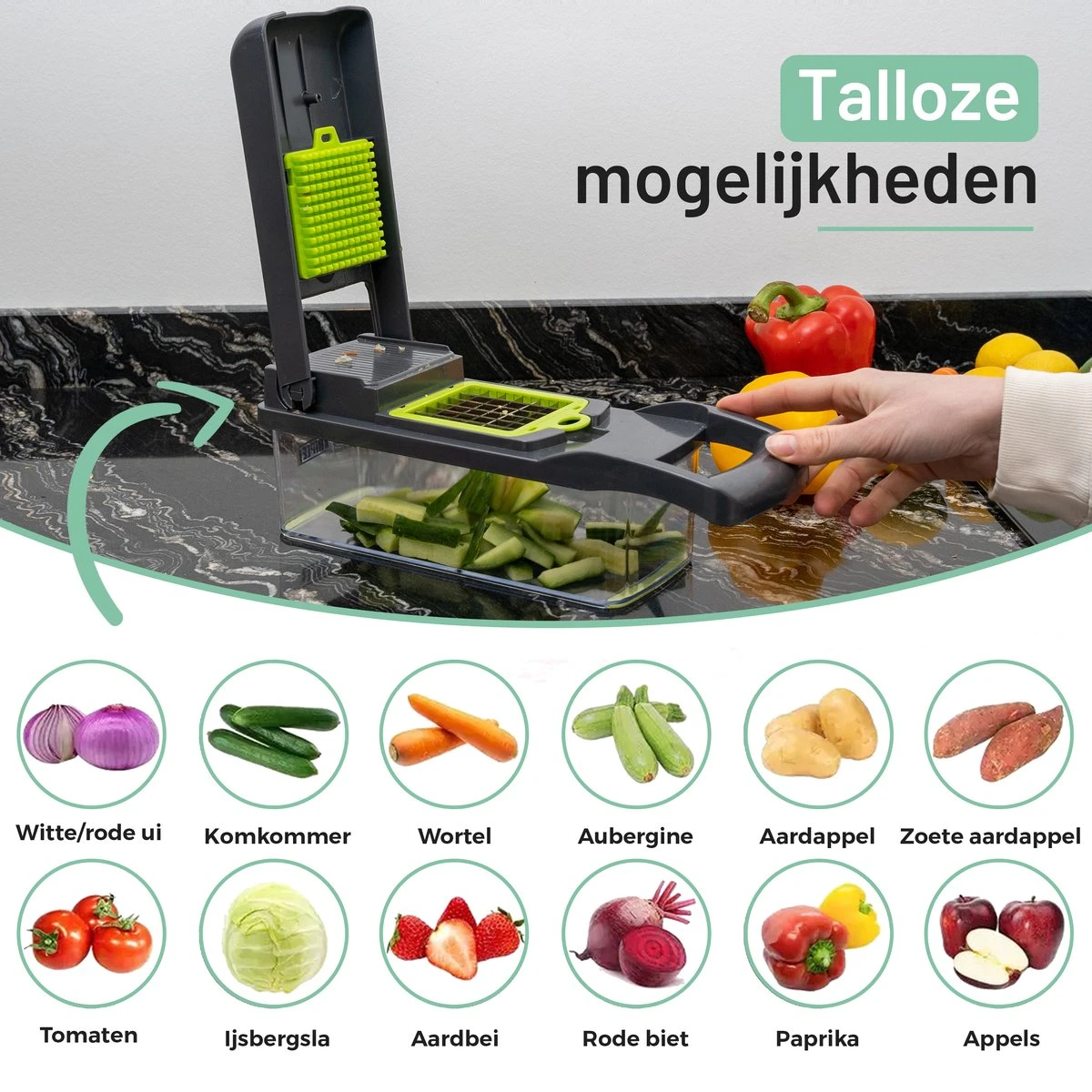 Triple J® Multi Functionele Mandoline Keukensnijder - Groentesnijder - Keukenmachine - Snijmachine - Rasp - Keuken Accessoires - Afbeelding 6