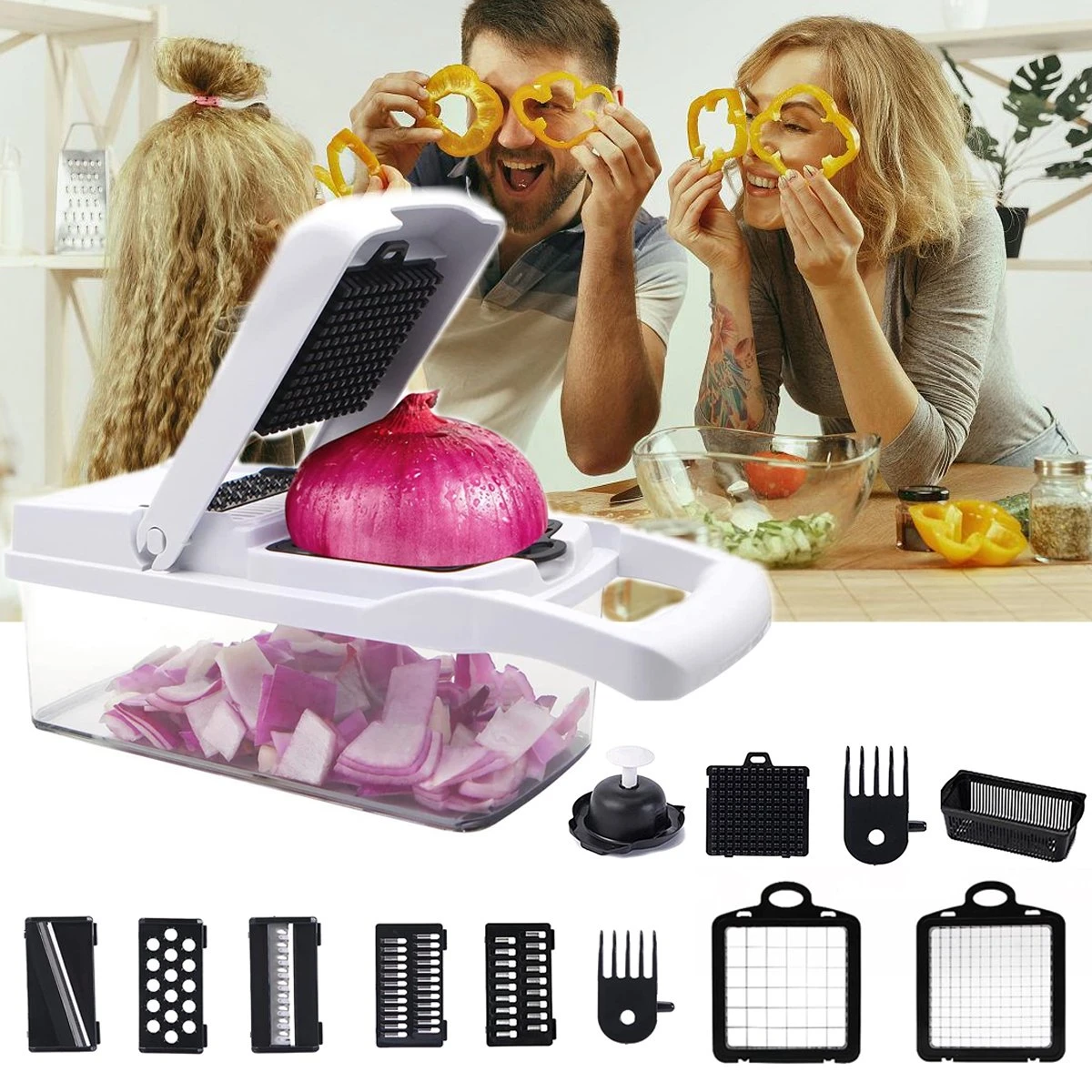 Groentesnijder - Mandoline - Keukenhulp - Stevig Materiaal - Raspen - Snijder - Dooierscheider - Alle Mogelijke Snij Opties - Vergiet - Grote Opvang Bak - Extra Uitgebreid - Handig Wisselsysteem