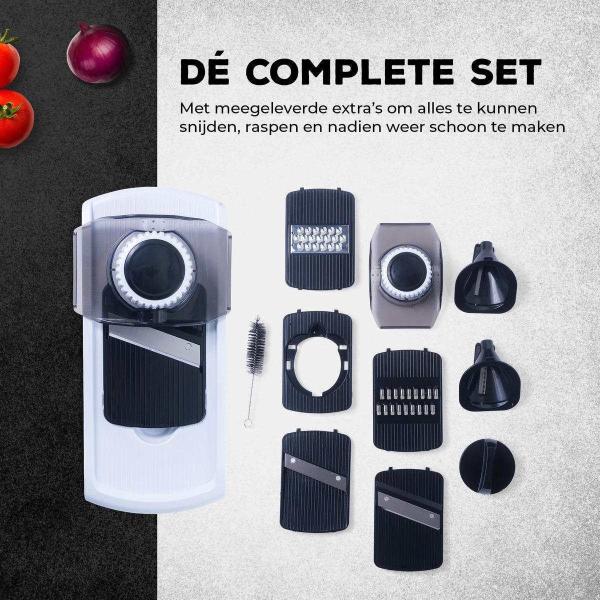 Estus QuickSlicer Mandoline Keukensnijder - Groentesnijder - Uiensnijder - Spiraalsnijder - Roestvrij Staal - Vingerbeschermer - 6 Opzetstukken - Afbeelding 3