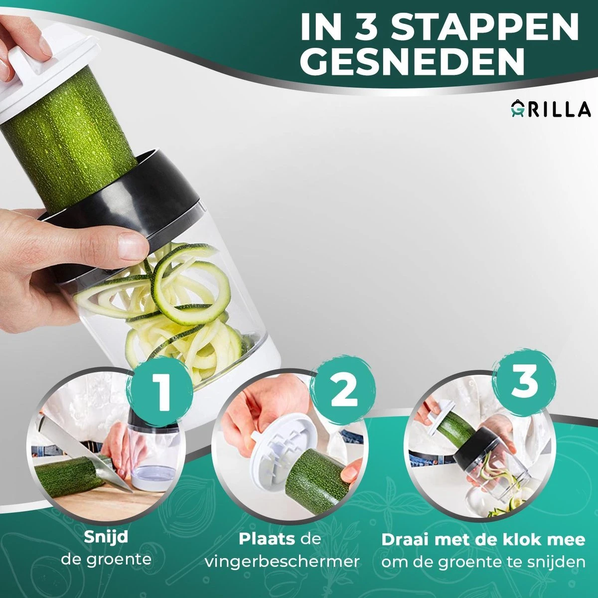 Spirelli Spiraalsnijder - Spiralizer Voor Groenten – Courgette Snijder XL -Zwart/Wit - Afbeelding 3
