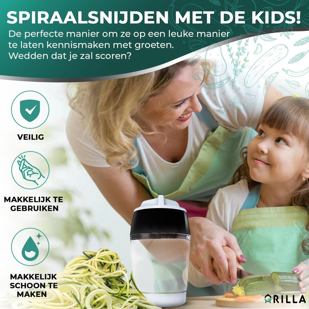 Spirelli Spiraalsnijder - Spiralizer Voor Groenten – Courgette Snijder XL -Zwart/Wit - Afbeelding 5