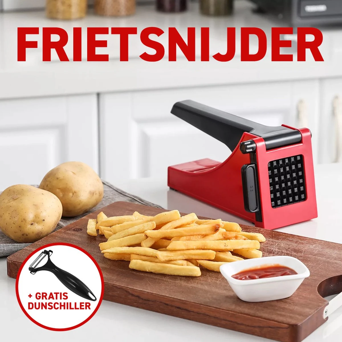 Merkloos Frietsnijder - Patatsnijder - Groentesnijder - Roestvrijstalen Snijrooster - Raspen, Schillers & Snijders - Rood - Afbeelding 5