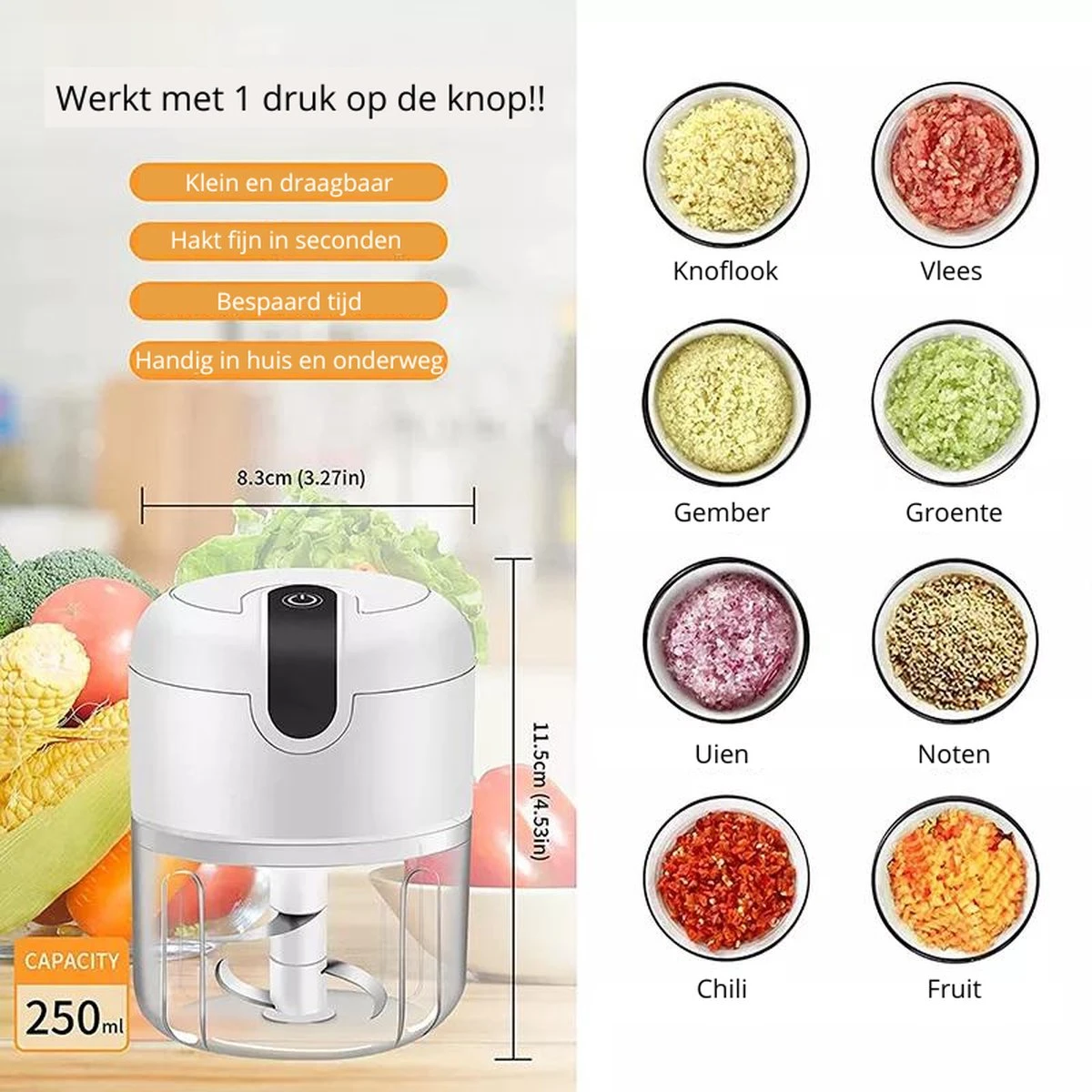 Elektrische Uiensnijder – Groentesnijder – Mini Chopper – Draadloze Keukensnijder – Oplaadbaar – Hakmolen – Mini Blender