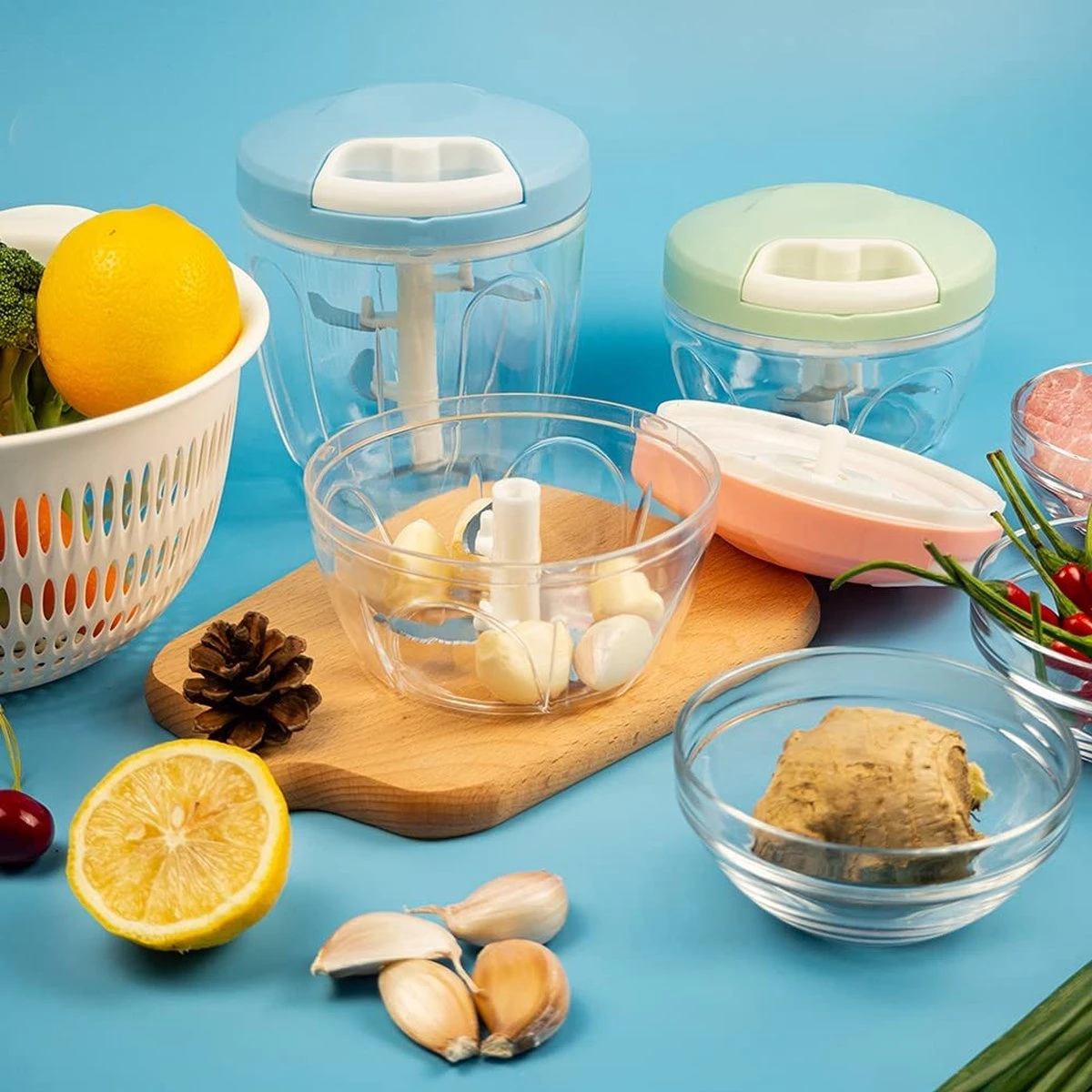 Doogo® Groentesnijder Met Trekkoord – Hakmolen – 900 ML – Groentehakker – Kruidenmolen – Uiensnijder – Blauw - Afbeelding 4