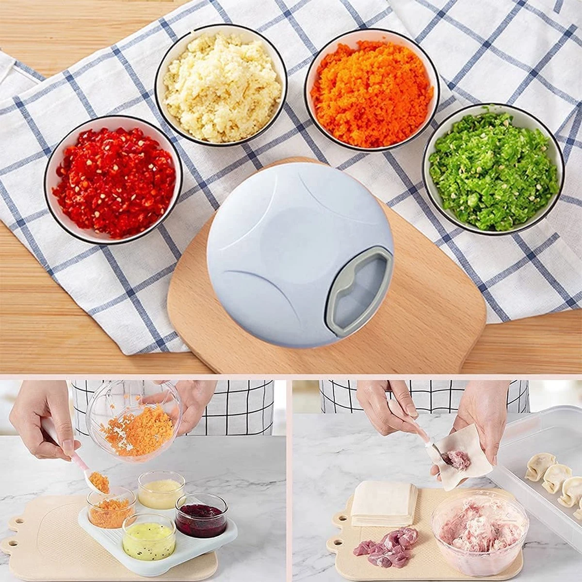 Doogo® Groentesnijder Met Trekkoord – Hakmolen – 900 ML – Groentehakker – Kruidenmolen – Uiensnijder – Pink - Afbeelding 13