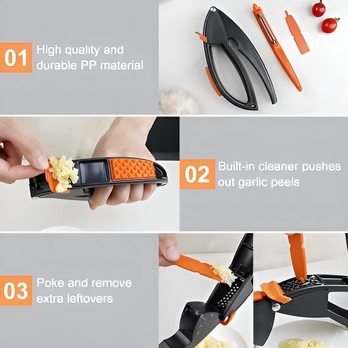 Merkloos Knoflookpers/Aardappel Schiller/Vlees Hamer - 3 In 1 - Vaatwasser Bestendig - Zwart/Oranje - Afbeelding 4