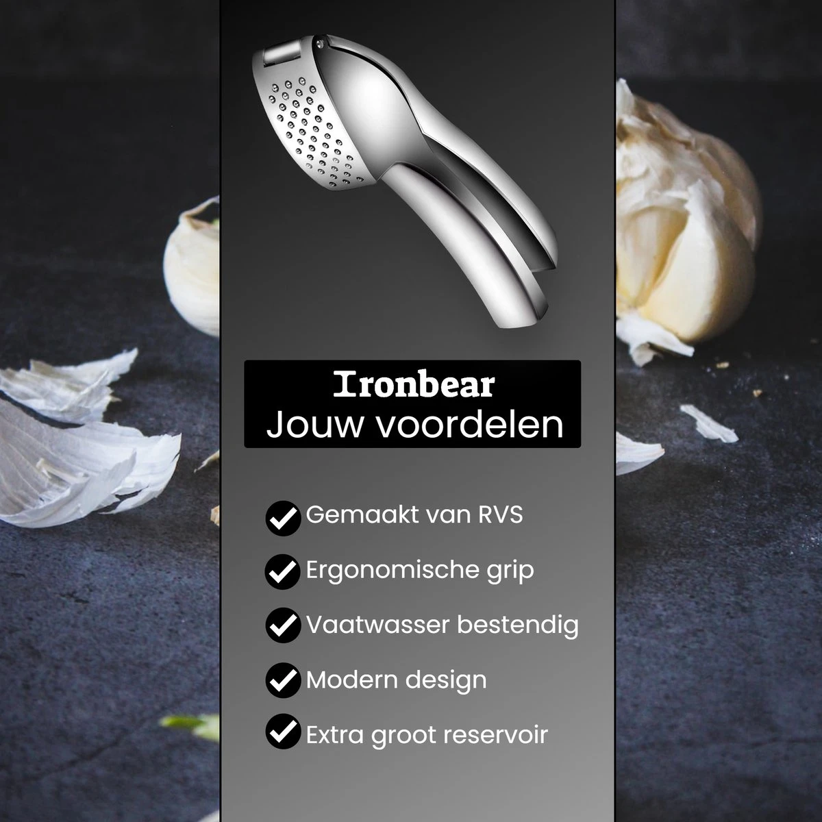 Ironbear® Knoflookpers - Gemberpers - Roestvrij Staal - Handpers - Vaatwasser Bestendig - Afbeelding 2