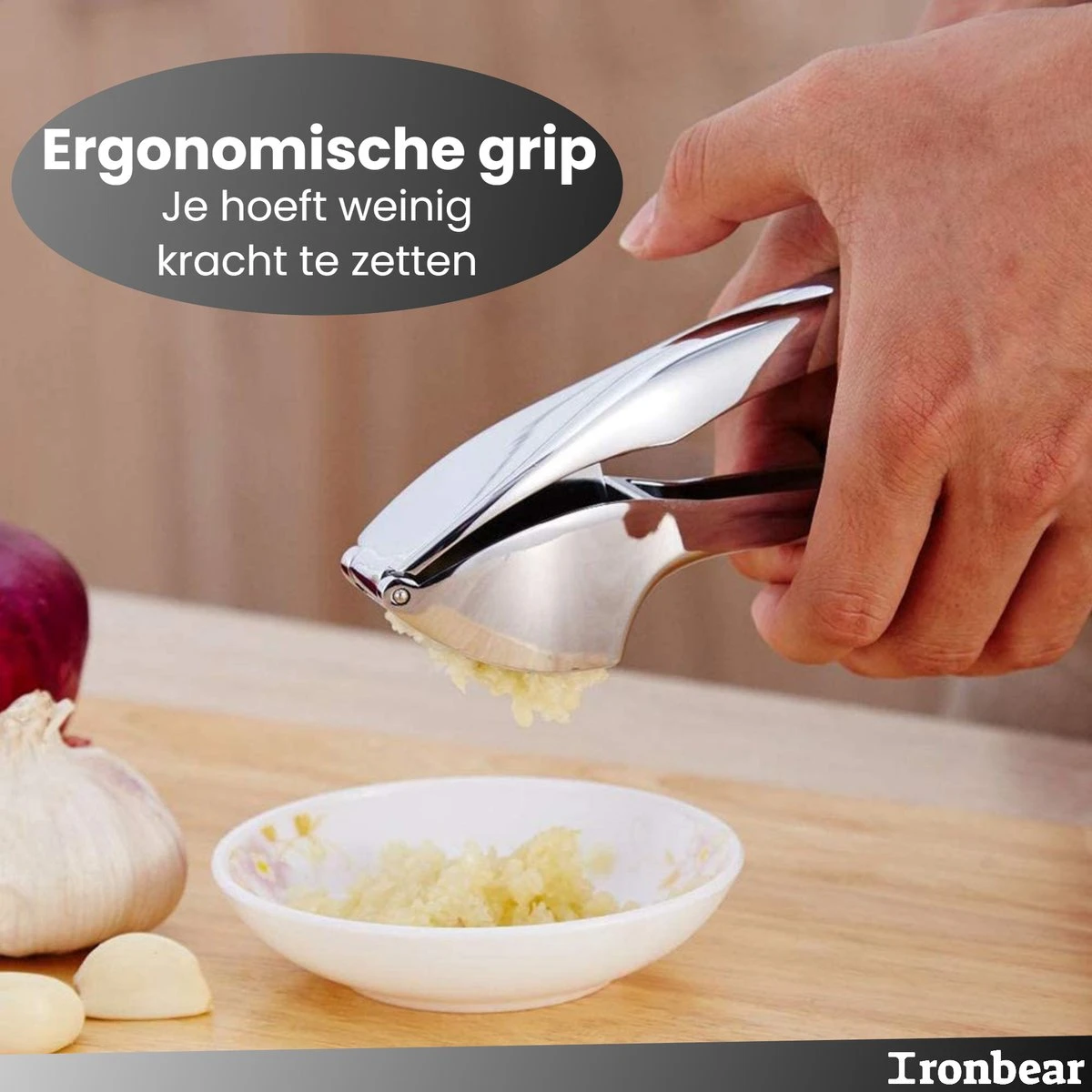 Ironbear® Knoflookpers - Gemberpers - Roestvrij Staal - Handpers - Vaatwasser Bestendig - Afbeelding 4