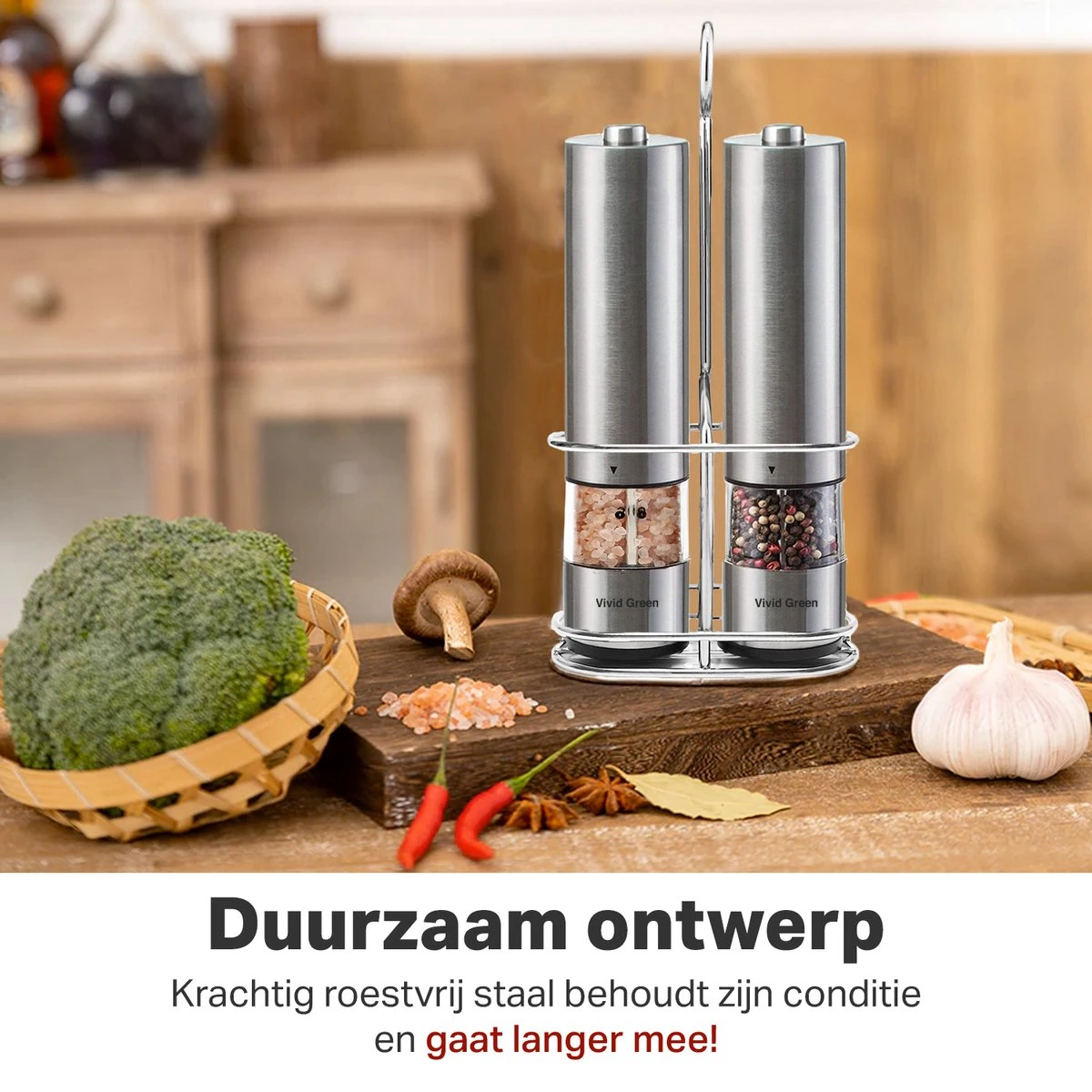 Vivid Green Elektrische Peper En Zoutmolen Set - Zoutstellen - Zoutmolen - Kruidenmolen - Zout En Pepermolen Set - Incl. Houder - RVS - Afbeelding 2