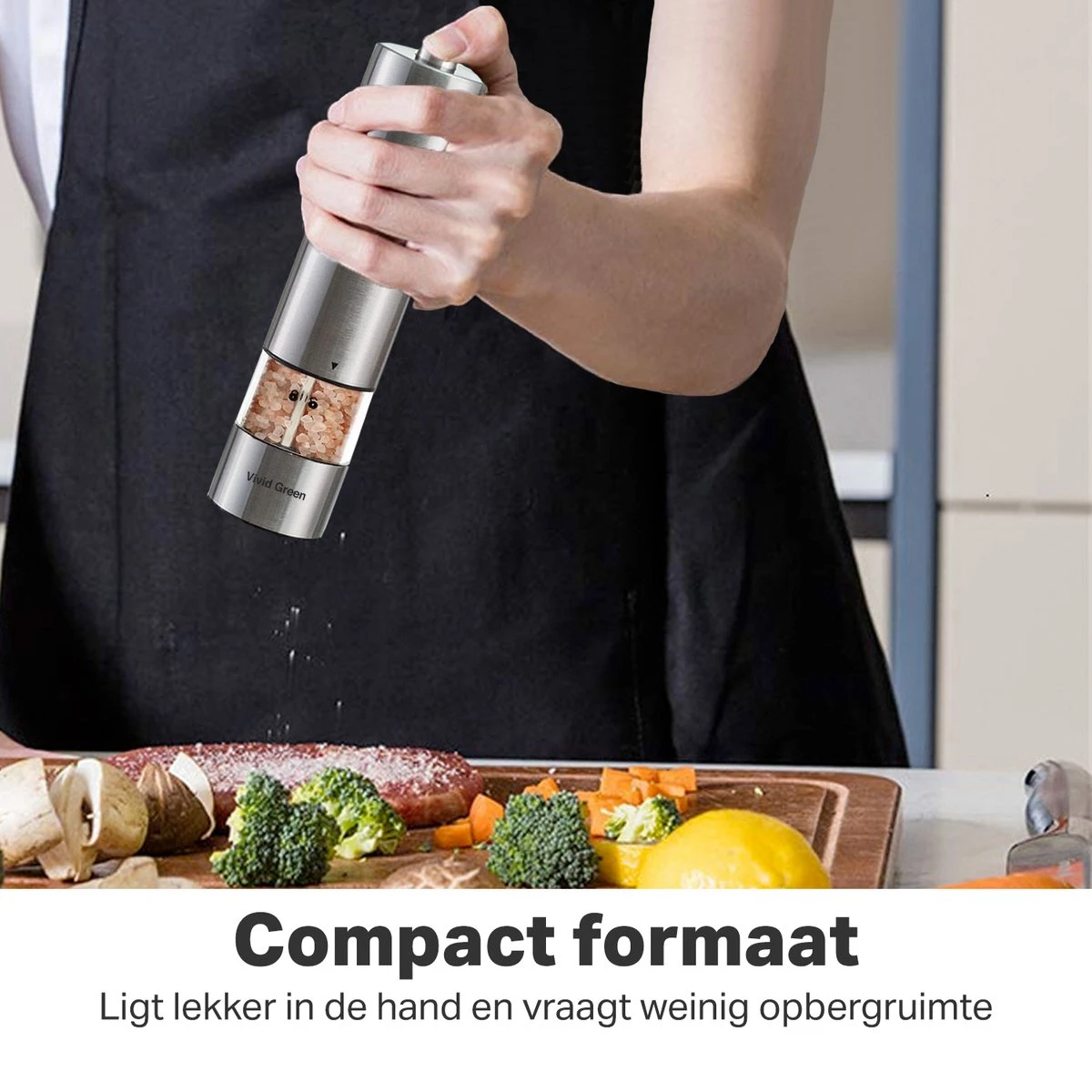 Vivid Green Elektrische Peper En Zoutmolen Set - Zoutstellen - Zoutmolen - Kruidenmolen - Zout En Pepermolen Set - Incl. Houder - RVS - Afbeelding 4