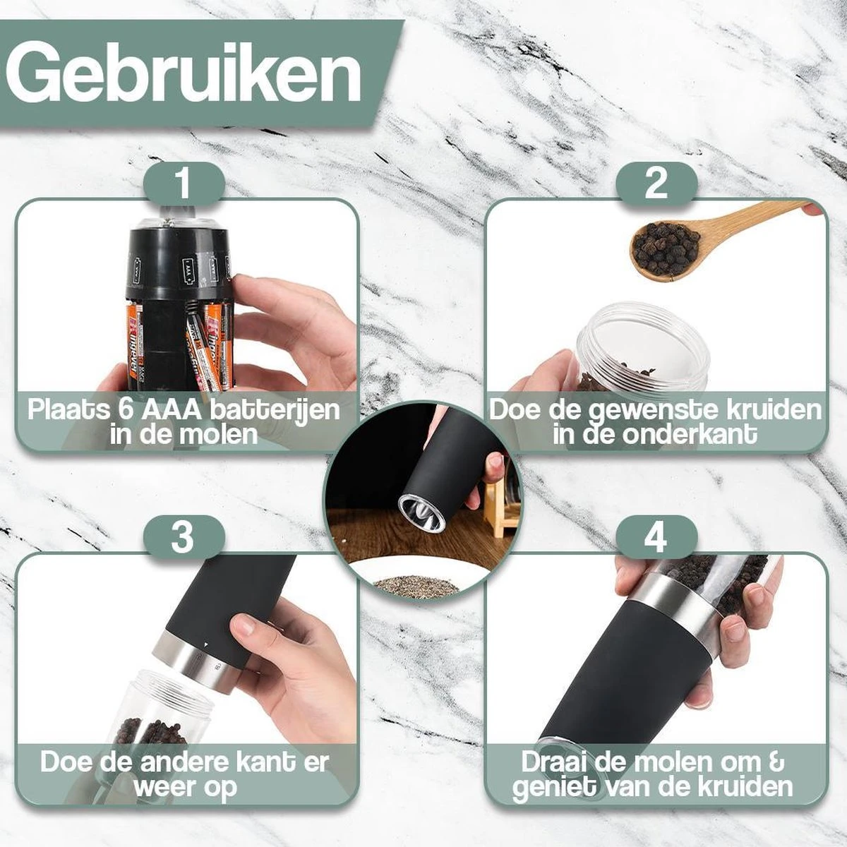 Kitchen Deluxe® Peper En Zoutmolen Set Elektrisch - Kruidenmolen Incl. Standaard En Kookboek - Gravitatie - RVS - Afbeelding 4