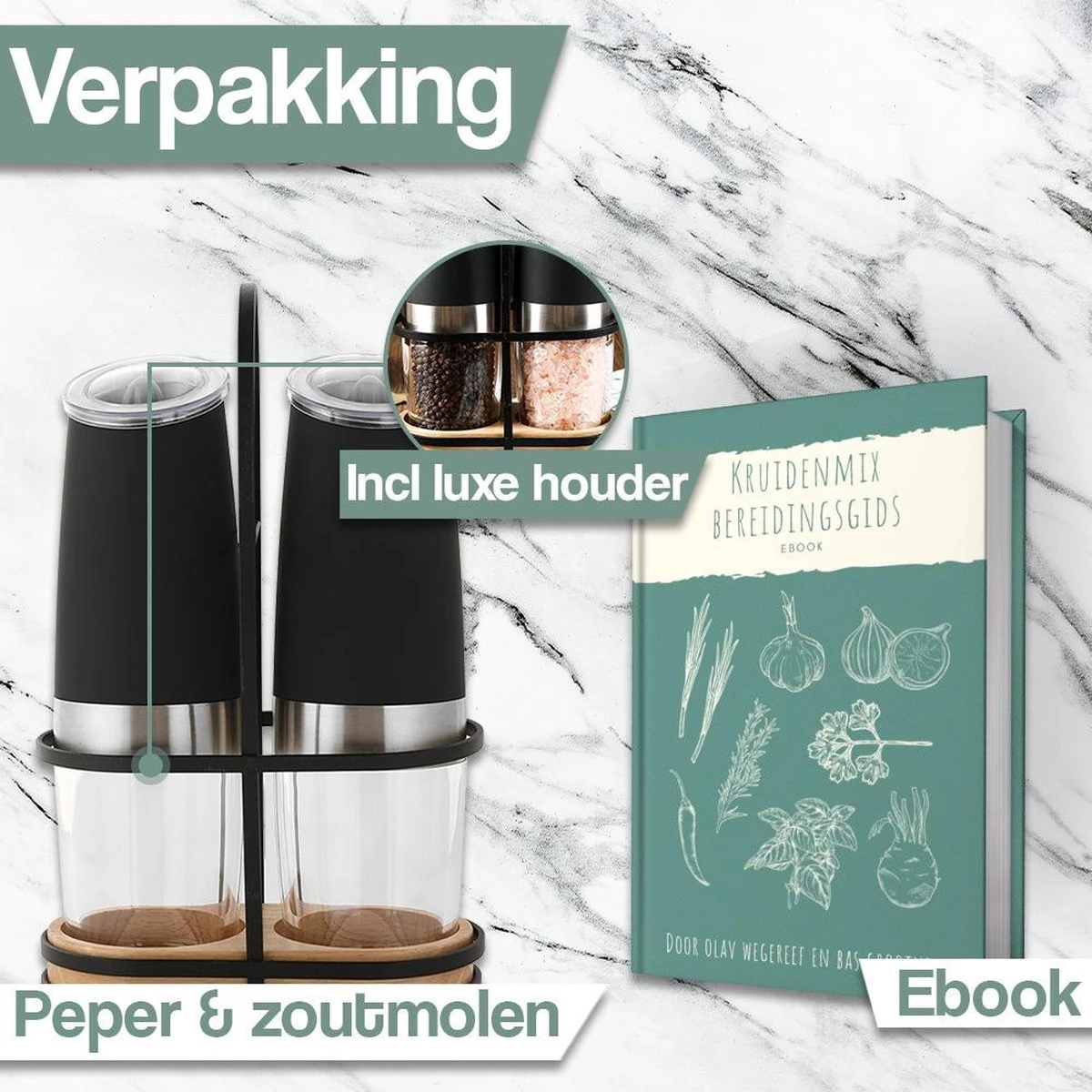 Kitchen Deluxe® Peper En Zoutmolen Set Elektrisch - Kruidenmolen Incl. Standaard En Kookboek - Gravitatie - RVS - Afbeelding 6