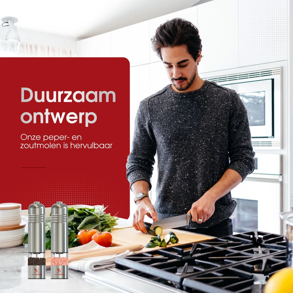 Aye Kitchen Peper En Zout Molen Set – Elektrisch – Voor Kruiden & Specerijen – RVS - Duurzaam - Afbeelding 3