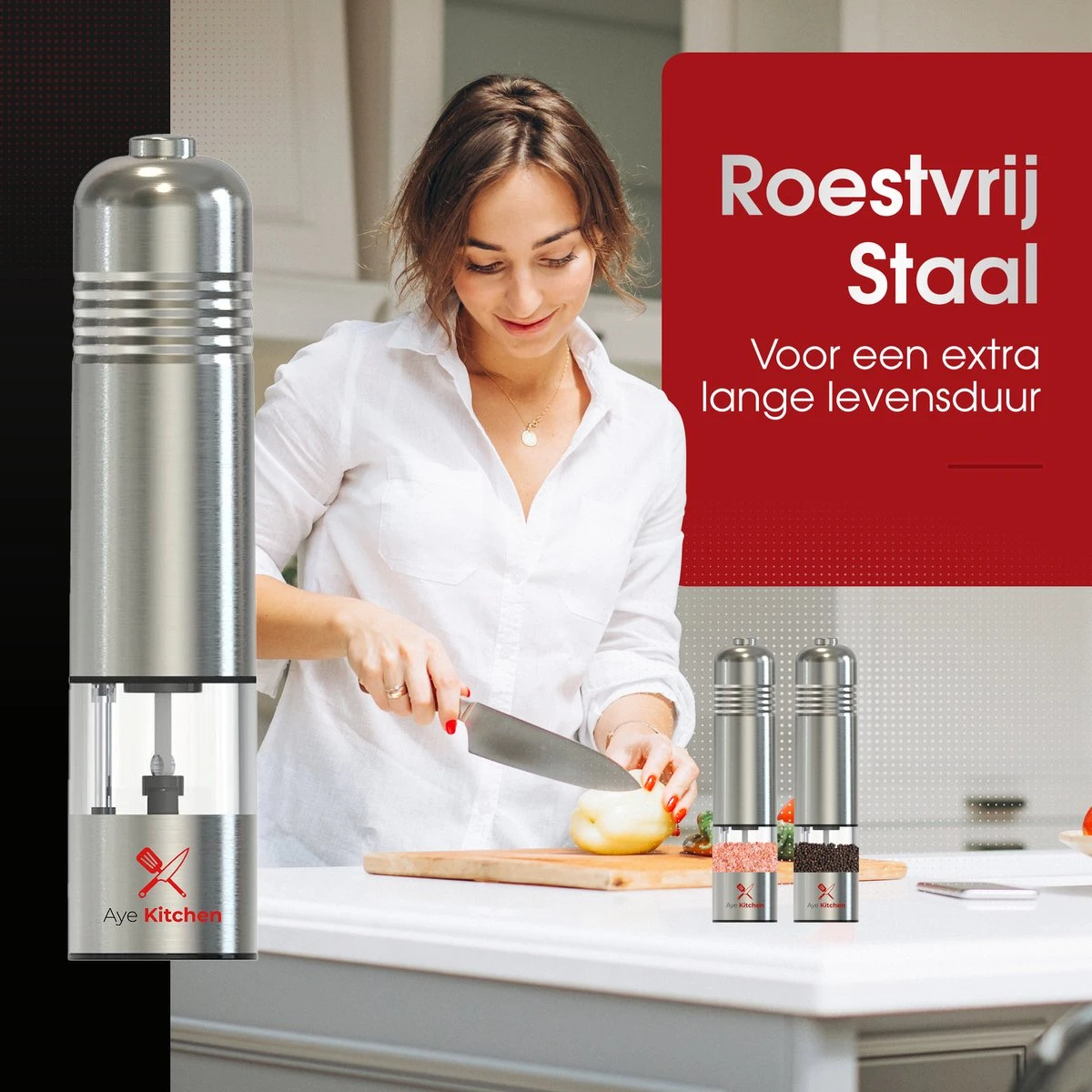 Aye Kitchen Peper En Zout Molen Set – Elektrisch – Voor Kruiden & Specerijen – RVS - Duurzaam - Afbeelding 4