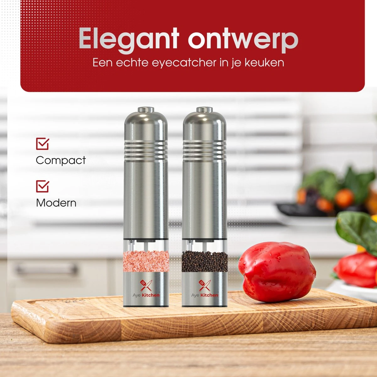 Aye Kitchen Peper En Zout Molen Set – Elektrisch – Voor Kruiden & Specerijen – RVS - Duurzaam - Afbeelding 6