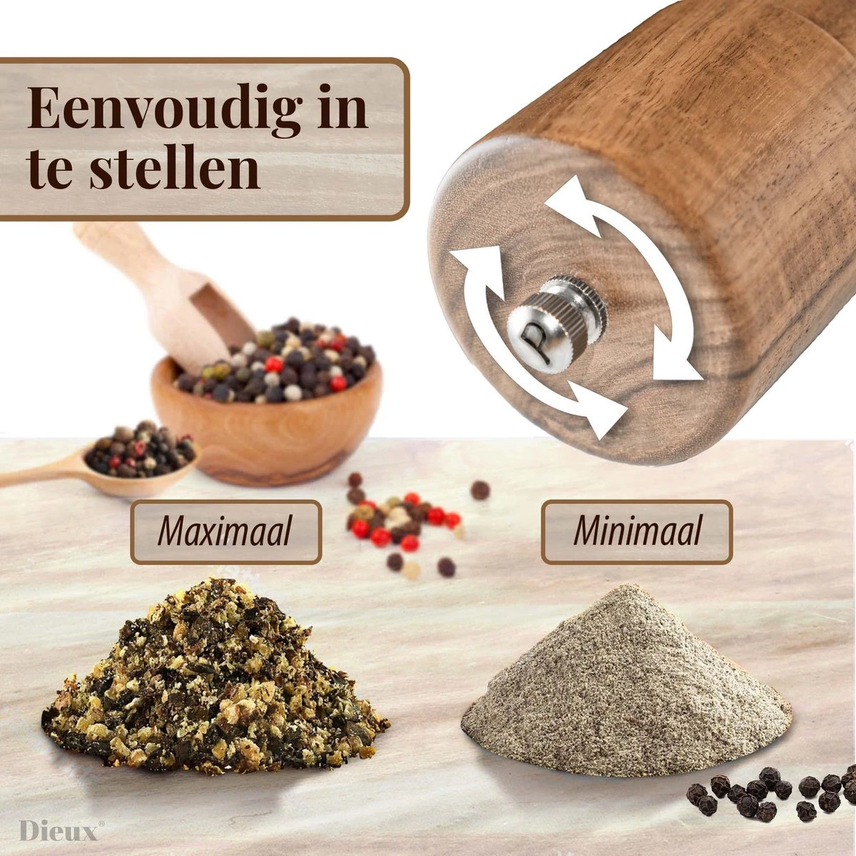 Dieux® - Peper En Zoutmolen Set - Cilinder Vorm - 22CM - Zout Peper Kruiden - 2 Stuks - Acacia Hout - Instelbare Maalgraad - Duurzaam - Luxe Kwaliteit - Hervulbaar - Pepermolen - Zoutmolen - BBQ Accesoires - Pasen - Afbeelding 3