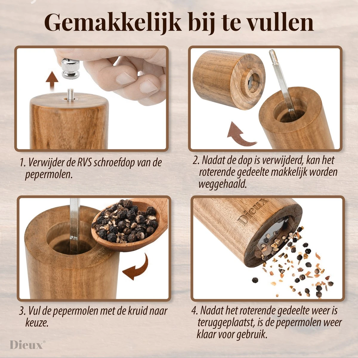 Dieux® - Peper En Zoutmolen Set - Cilinder Vorm - 22CM - Zout Peper Kruiden - 2 Stuks - Acacia Hout - Instelbare Maalgraad - Duurzaam - Luxe Kwaliteit - Hervulbaar - Pepermolen - Zoutmolen - BBQ Accesoires - Pasen - Afbeelding 4