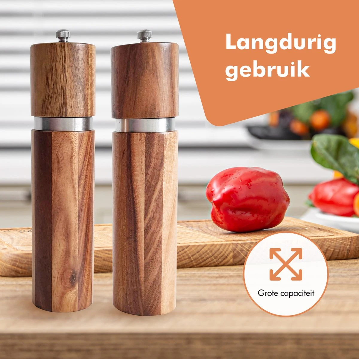 Luxe Peper En Zoutmolen Set - Pepermolen - Acacia Hout - RVS - 21cm Rond - Afbeelding 3