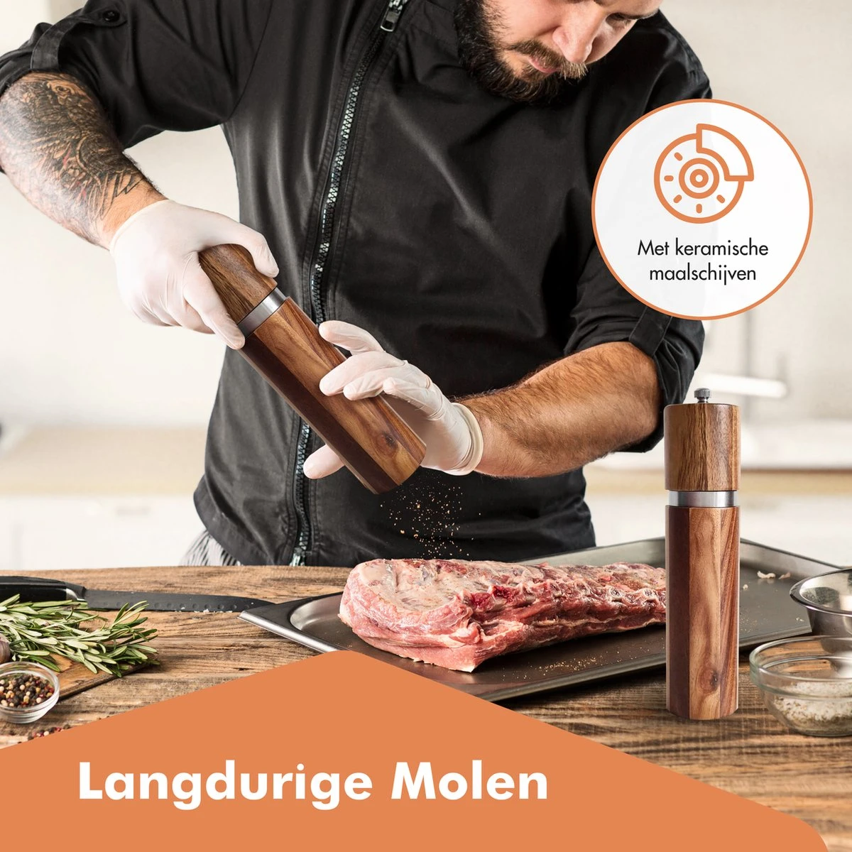 Luxe Peper En Zoutmolen Set - Pepermolen - Acacia Hout - RVS - 21cm Rond - Afbeelding 4