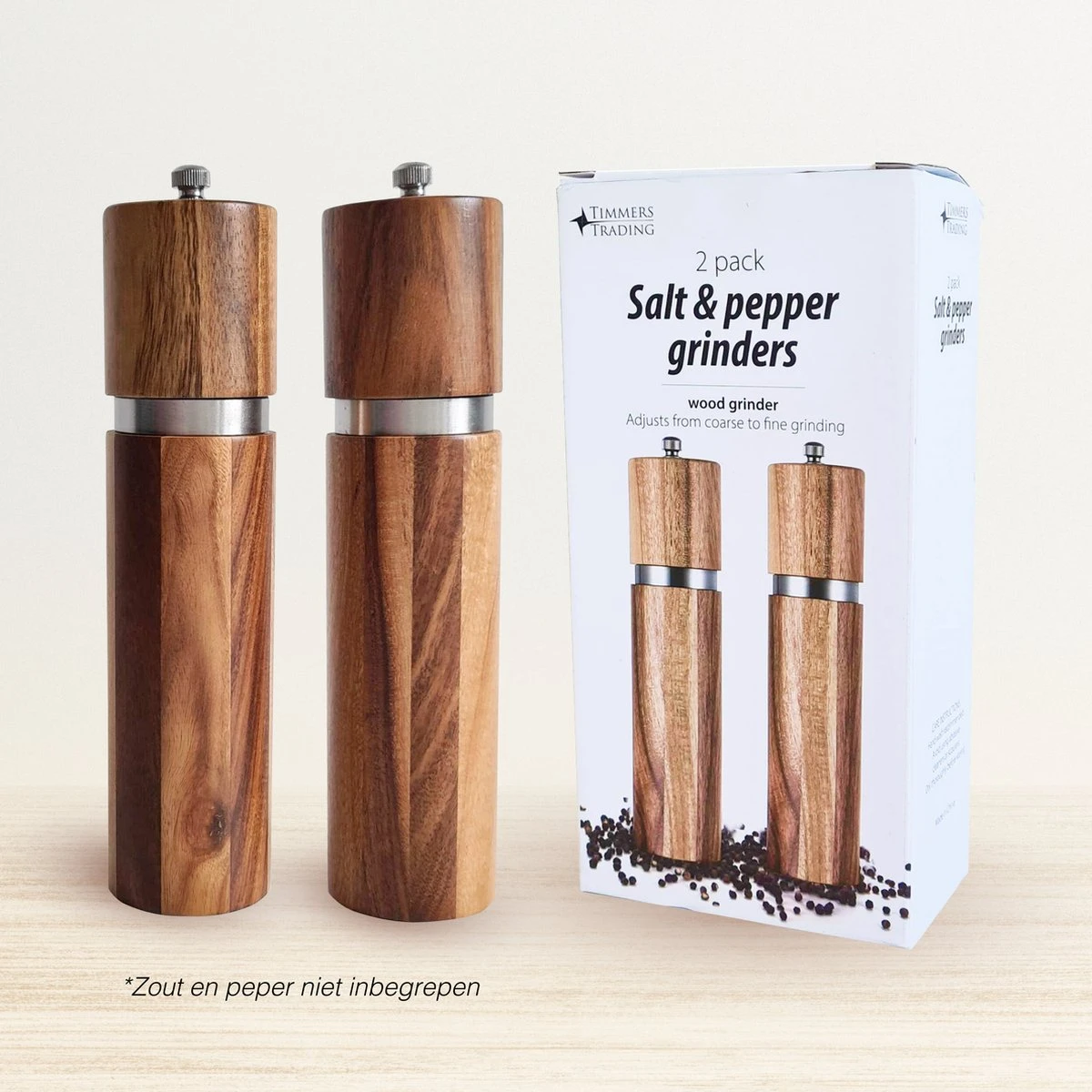 Luxe Peper En Zoutmolen Set - Pepermolen - Acacia Hout - RVS - 21cm Rond - Afbeelding 5