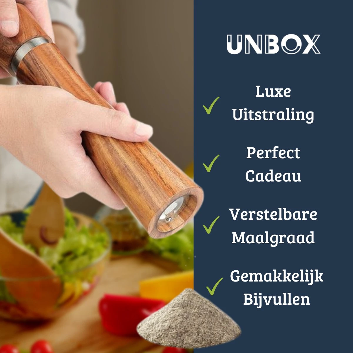 UNBOX Peper En Zoutmolen Set - Pepermolen - Zoutmolen - BBQ Accesoires - Acacia Hout - RVS - Afbeelding 3