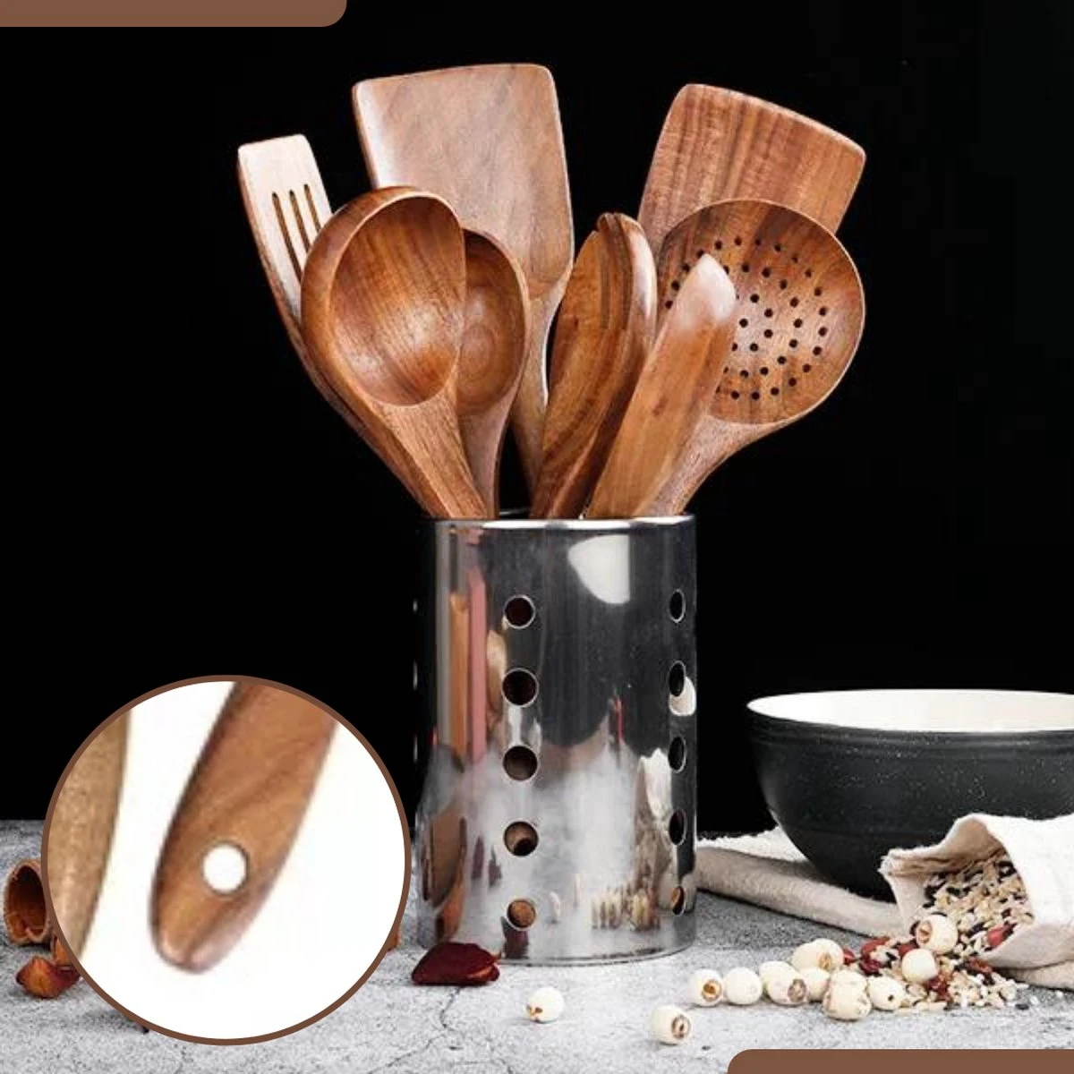 SensaHome - Luxe Teakhouten Keukengerei Set 10-delig - Hout - Afbeelding 9