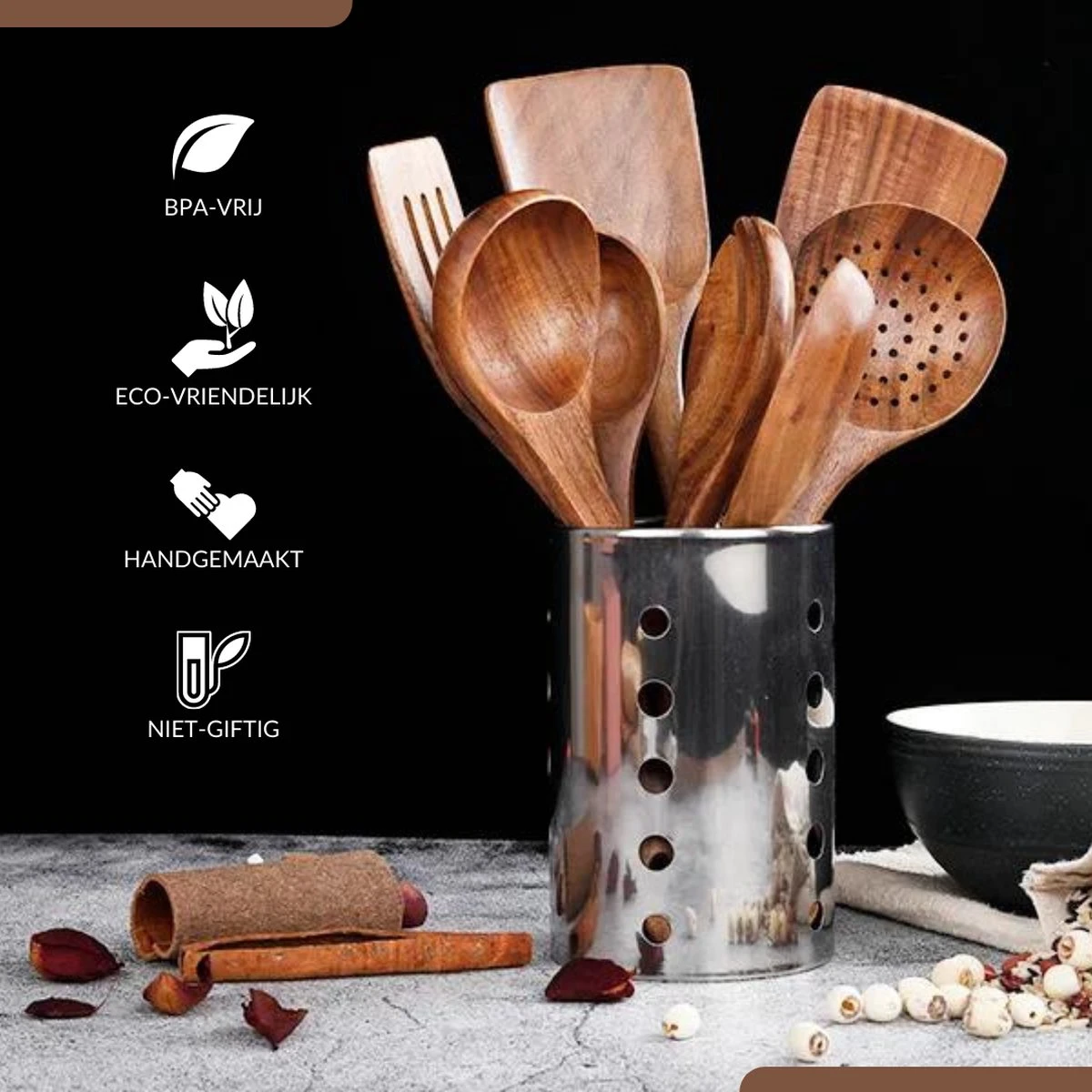 SensaHome - Luxe Teakhouten Keukengerei Set 10-delig - Hout - Afbeelding 10