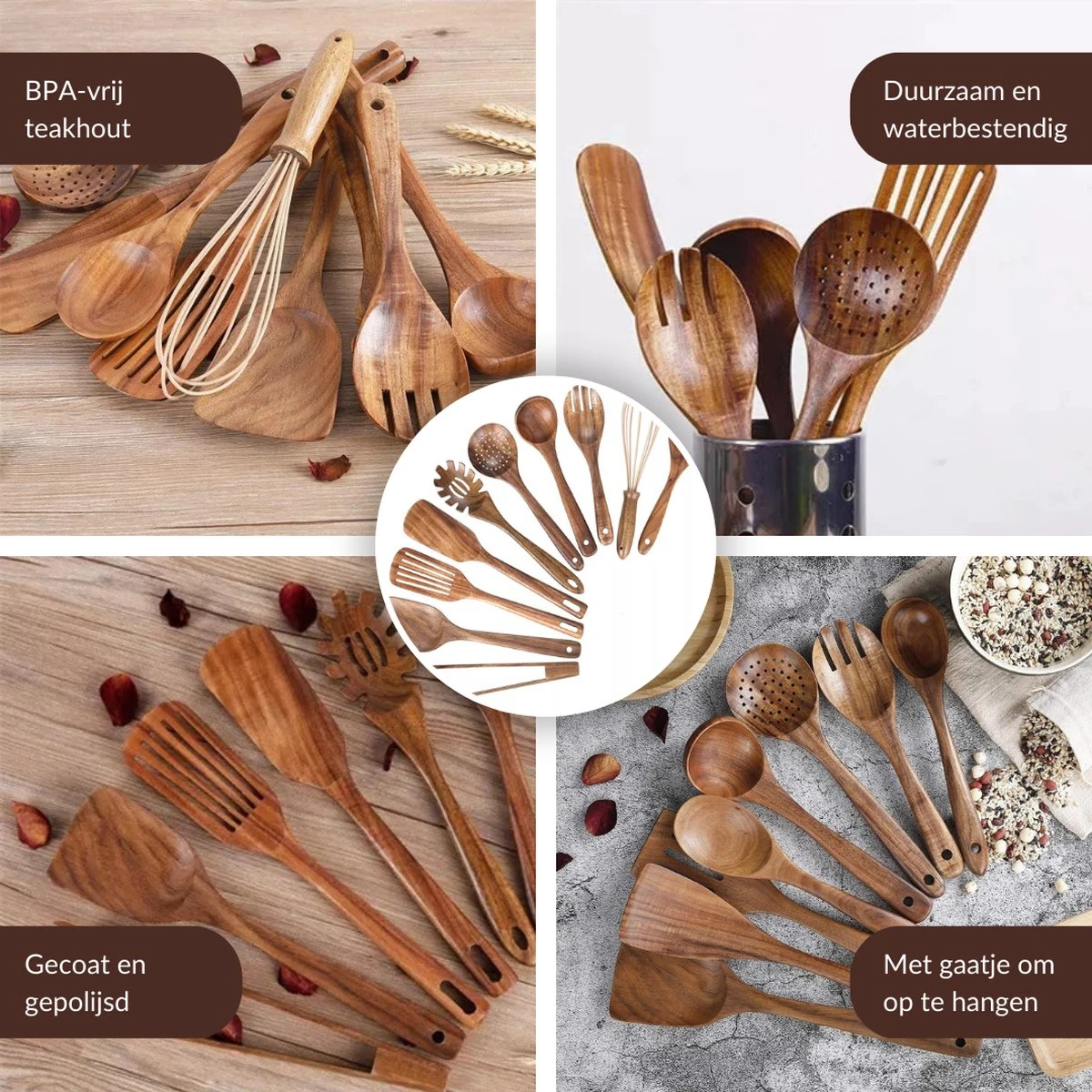 SensaHome - Luxe Teakhouten Keukengerei Set 10-delig - Hout - Afbeelding 15
