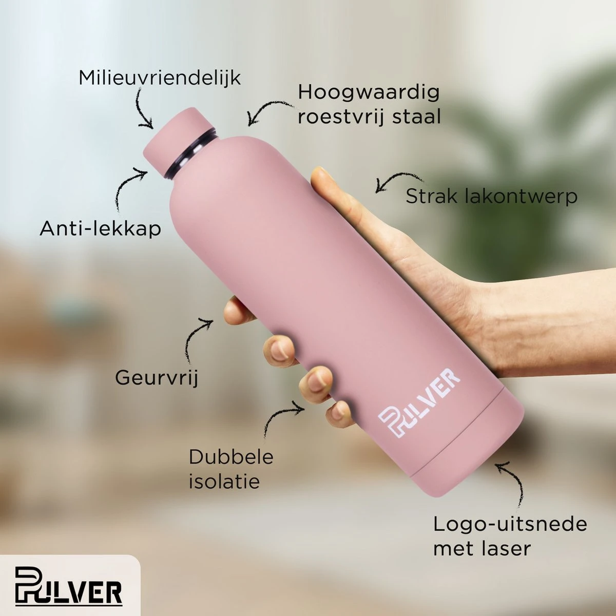 Pulver - RVS Thermosfles / Drinkfles – BPA Vrij – 750 Ml - Waterfles Met Draaidop – Drinkfles – Dubbele Isolatie - Rubberen Coating- Licht Roze - Afbeelding 2