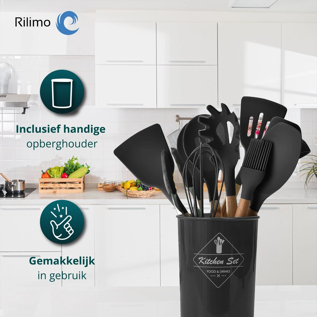 Keukengerei Set Met Houder - Kookgerei Set Spatel Pot - Keukengerei Keukenset - 12 Delige Zwart Hout - Afbeelding 2