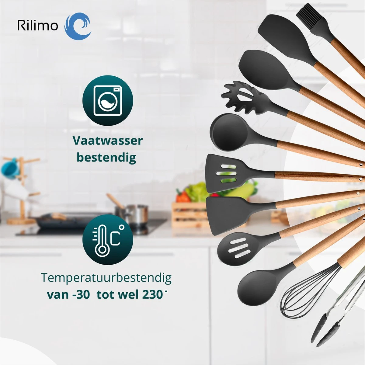 Keukengerei Set Met Houder - Kookgerei Set Spatel Pot - Keukengerei Keukenset - 12 Delige Zwart Hout - Afbeelding 3