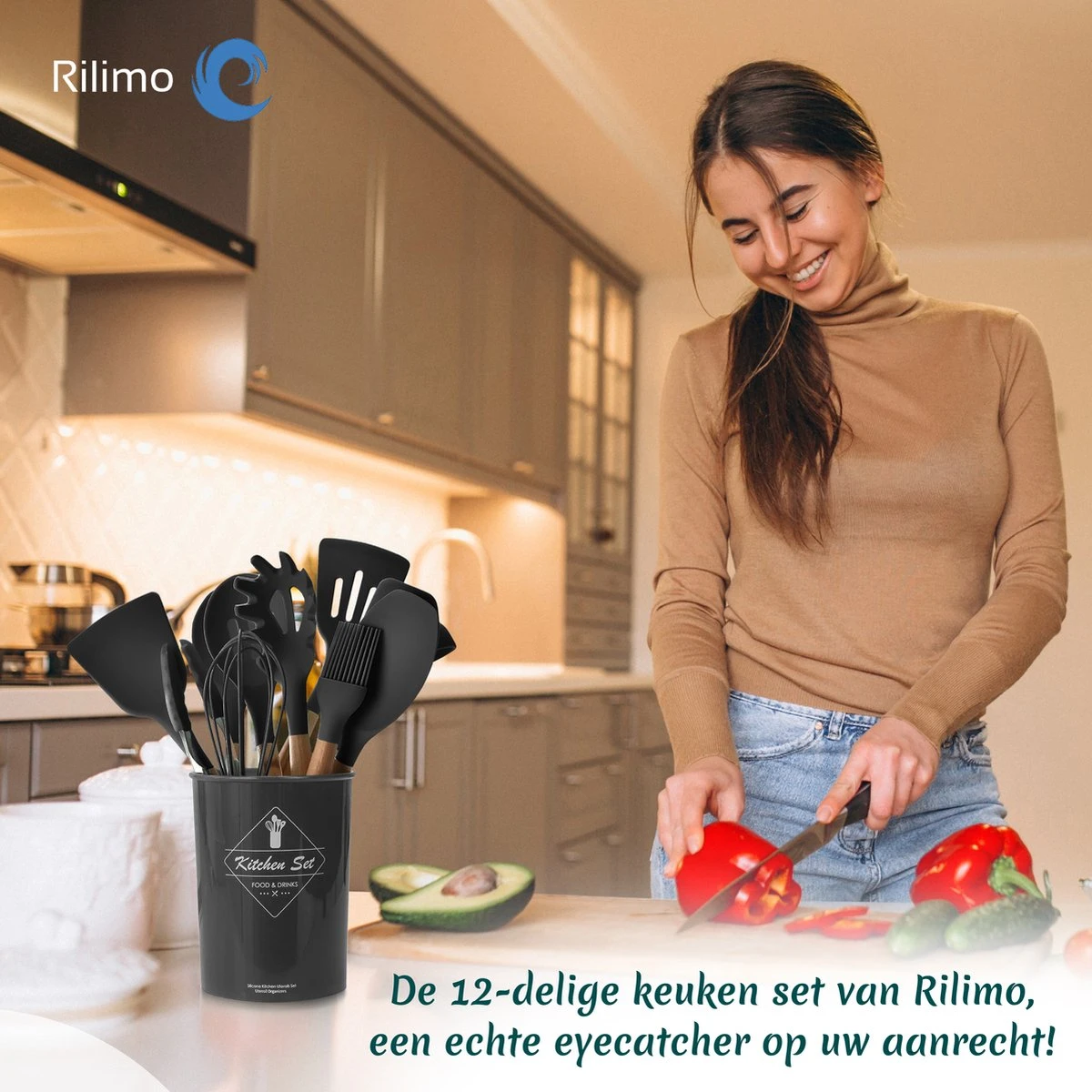 Keukengerei Set Met Houder - Kookgerei Set Spatel Pot - Keukengerei Keukenset - 12 Delige Zwart Hout - Afbeelding 4