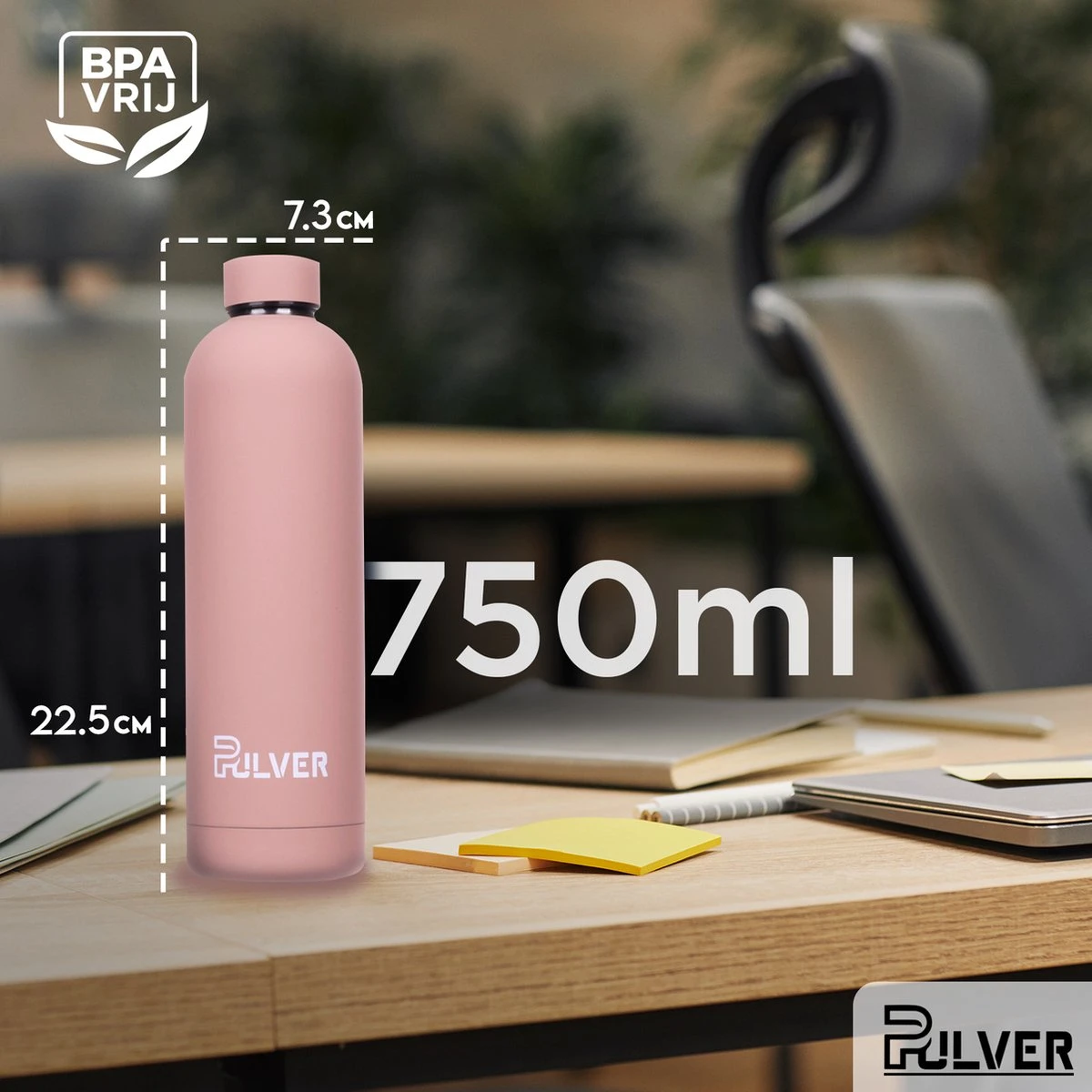 Pulver - RVS Thermosfles / Drinkfles – BPA Vrij – 750 Ml - Waterfles Met Draaidop – Drinkfles – Dubbele Isolatie - Rubberen Coating- Licht Roze - Afbeelding 3