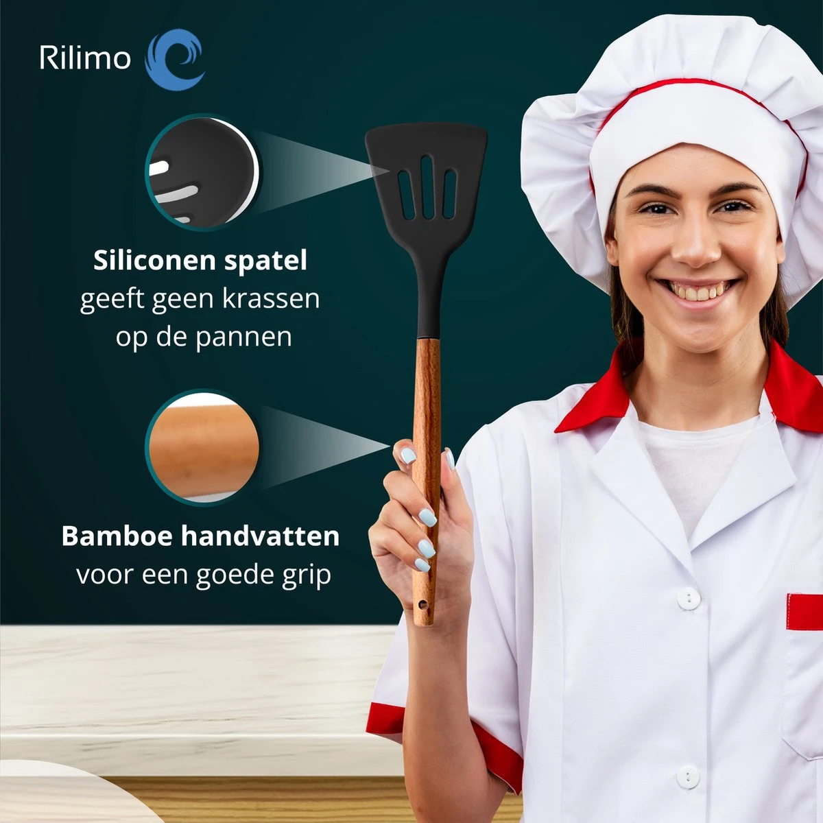 Keukengerei Set Met Houder - Kookgerei Set Spatel Pot - Keukengerei Keukenset - 12 Delige Zwart Hout - Afbeelding 5