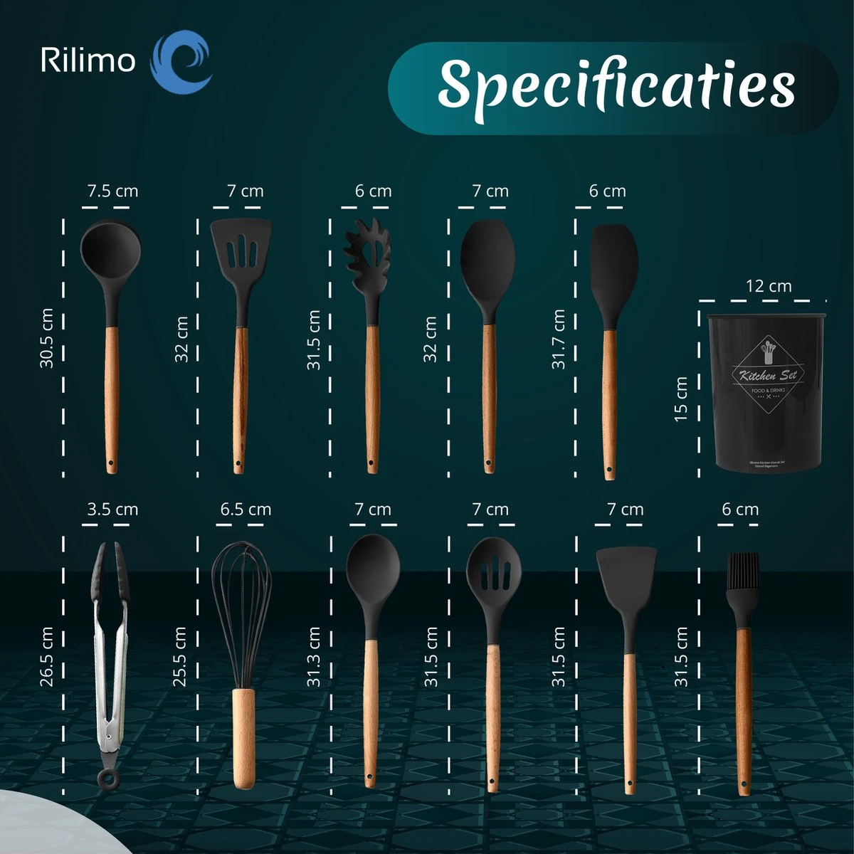 Keukengerei Set Met Houder - Kookgerei Set Spatel Pot - Keukengerei Keukenset - 12 Delige Zwart Hout - Afbeelding 8