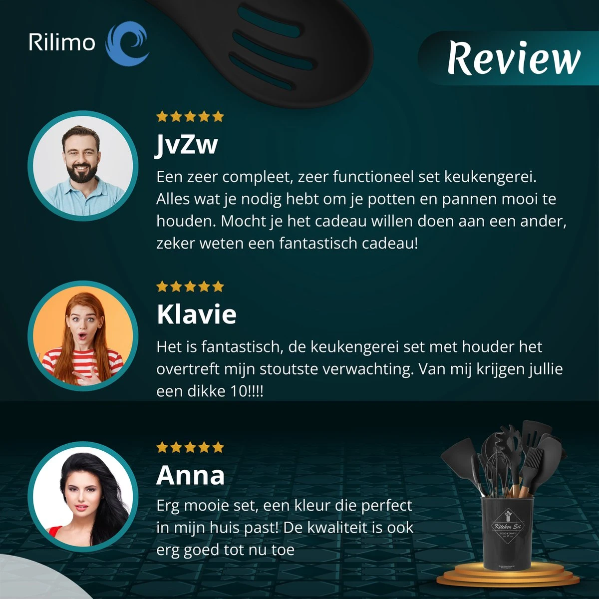 Keukengerei Set Met Houder - Kookgerei Set Spatel Pot - Keukengerei Keukenset - 12 Delige Zwart Hout - Afbeelding 10