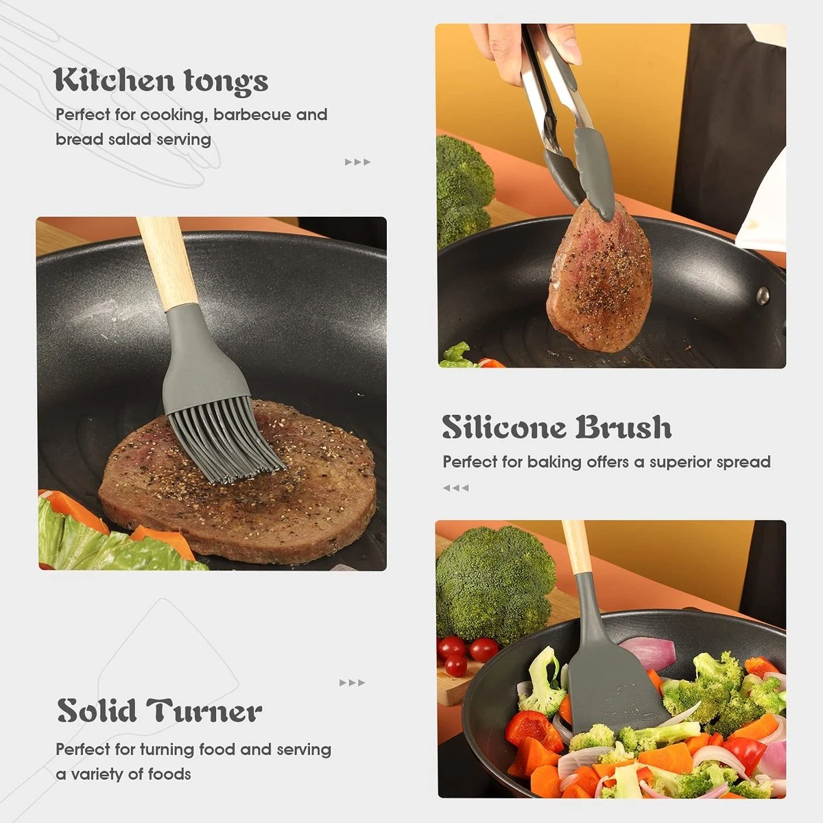 IGOODS - Keukengerei Sets Siliconen - 12-Delig Kookgerei Sets - Siliconen Inclusief Gebruiksvoorwerpen Houders - Antikleef Anti-Kras Kookgerei - Keukengereedschap Met Houten Handvat -Donker Grijs - Afbeelding 6