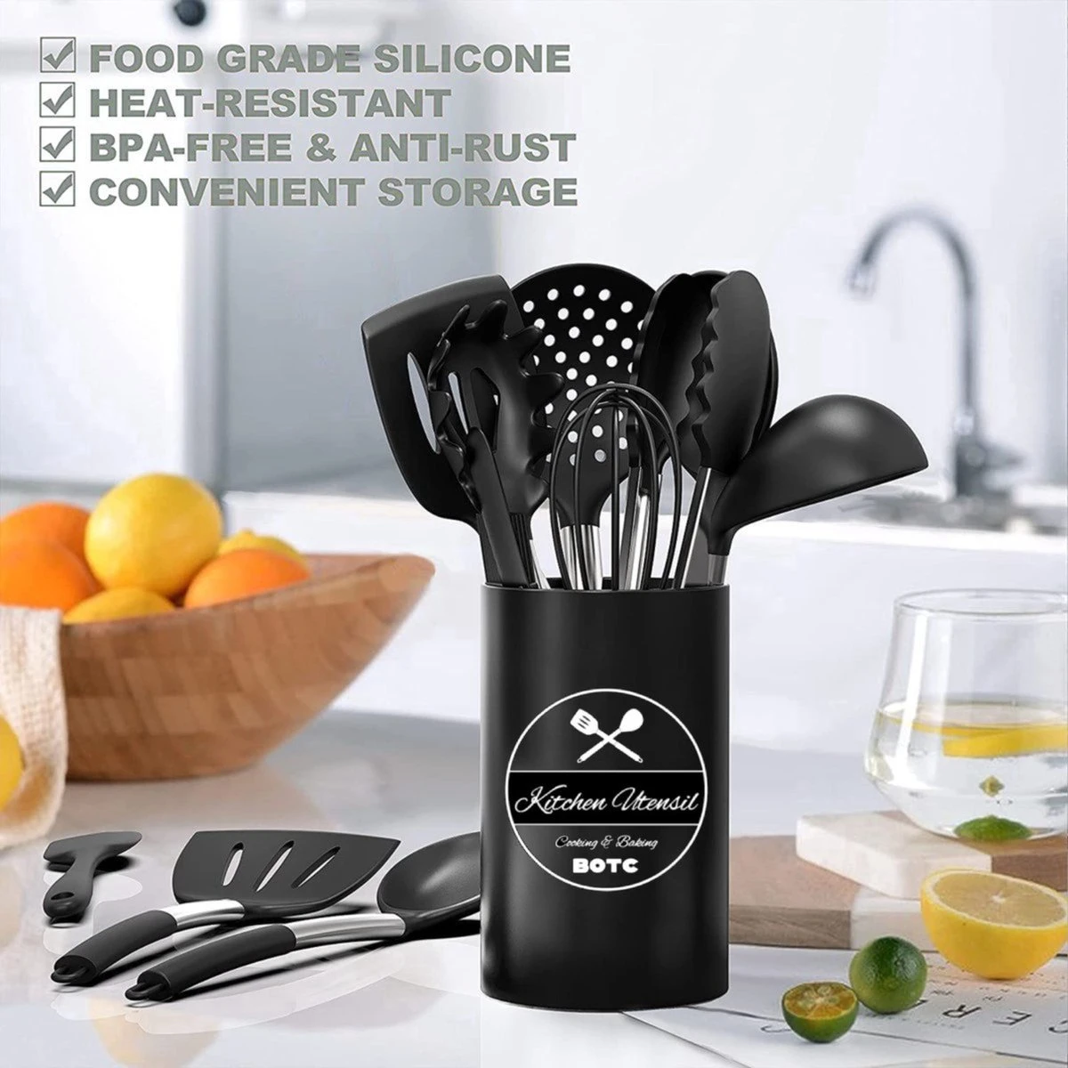 Keukengerei Set Met Houder 15-delig - Siliconen - Hittebestendig / BPA Vrij - Afbeelding 2
