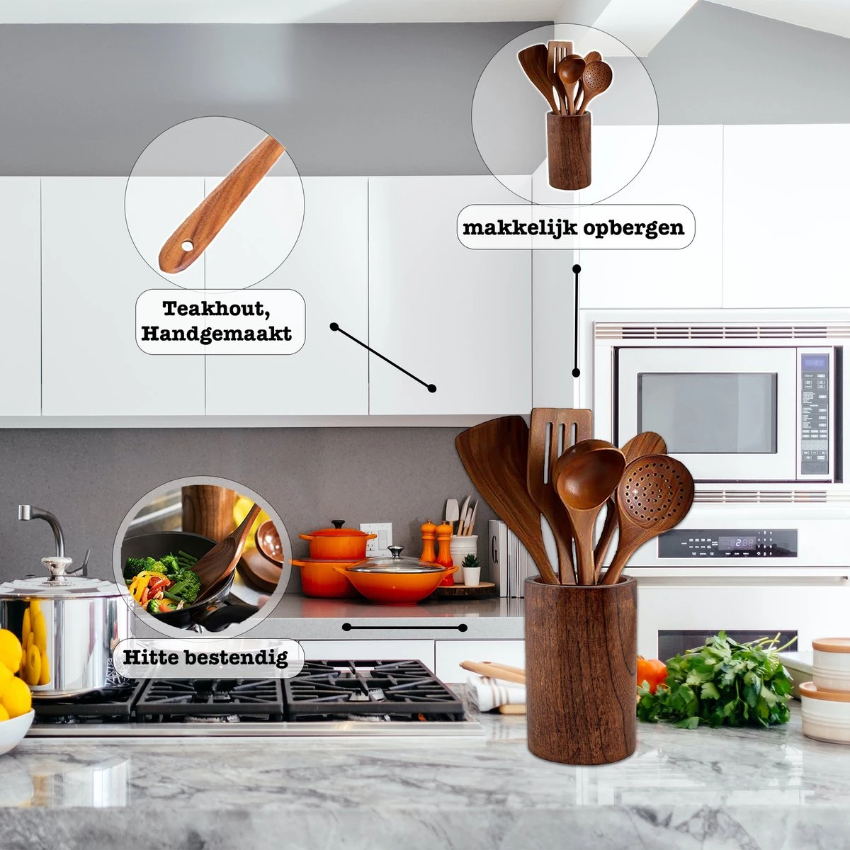 Luverno® - Keukengerei Set - 6 Delig - Teakhout - Keukenset - Keukengerei - Keukengerei Set Met Houder - Keukengerei Houder - Spatelpot - Bruin - Afbeelding 4