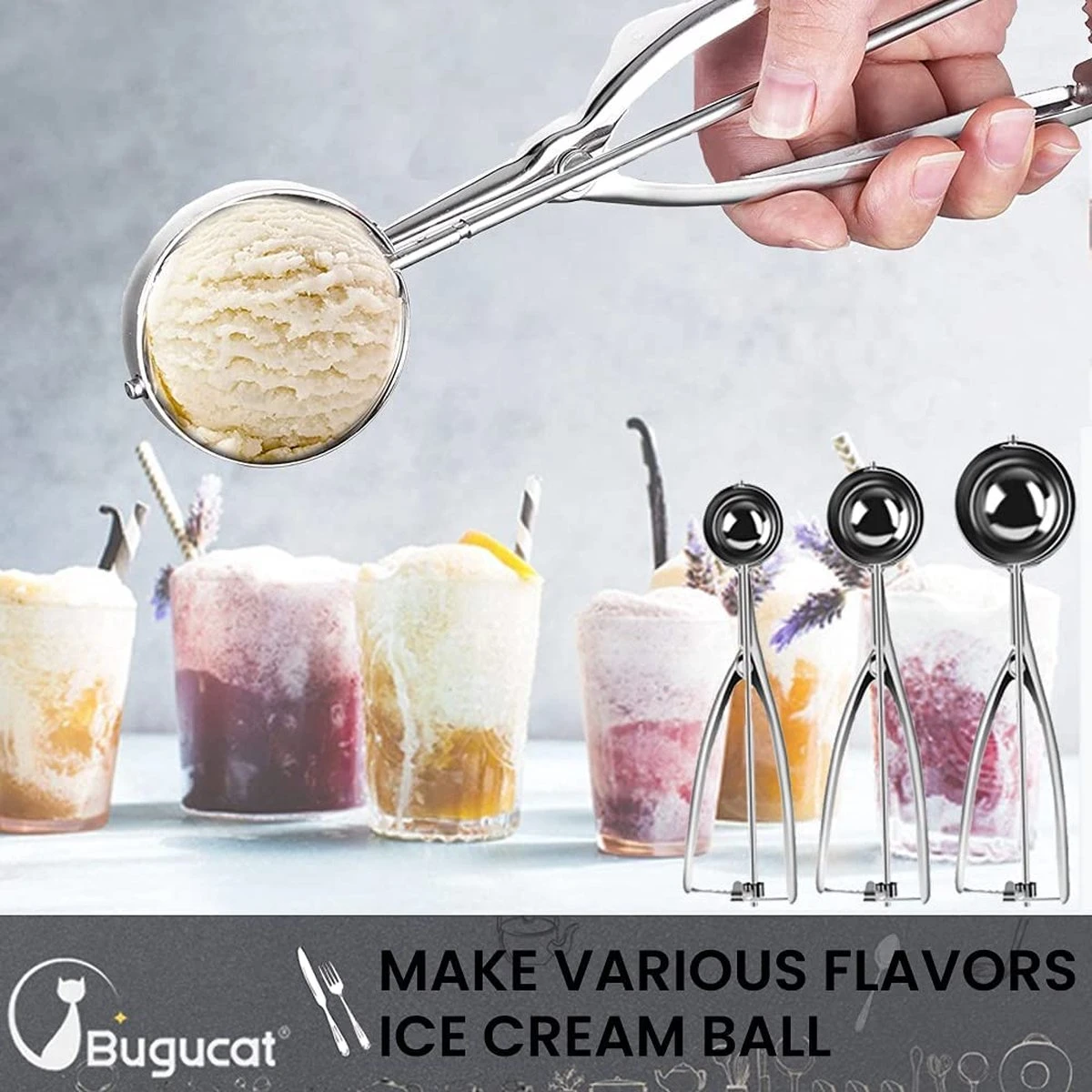 3 Stuks RVS IJsscoop – 3 Maten - 4/5/6 Cm - Met Trigger – IJsscoop - Ijsschep - Ijsjes Scheppen - Ijsboltang - Bolletjeslepel / Portioneerlepel - Scoop Voor Ijs, Fruit, Aardappelpuree - Afbeelding 3